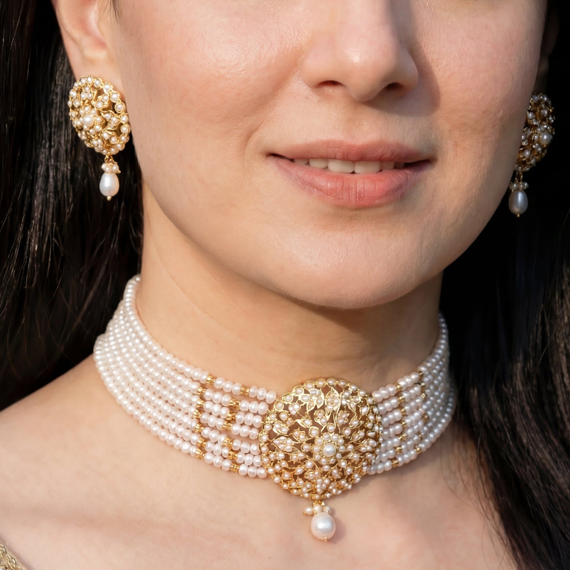 Pearl Jewellery Set | Indian Choker with Stud Earrings | Gold Plated on Silver Set for Gifting NS 036