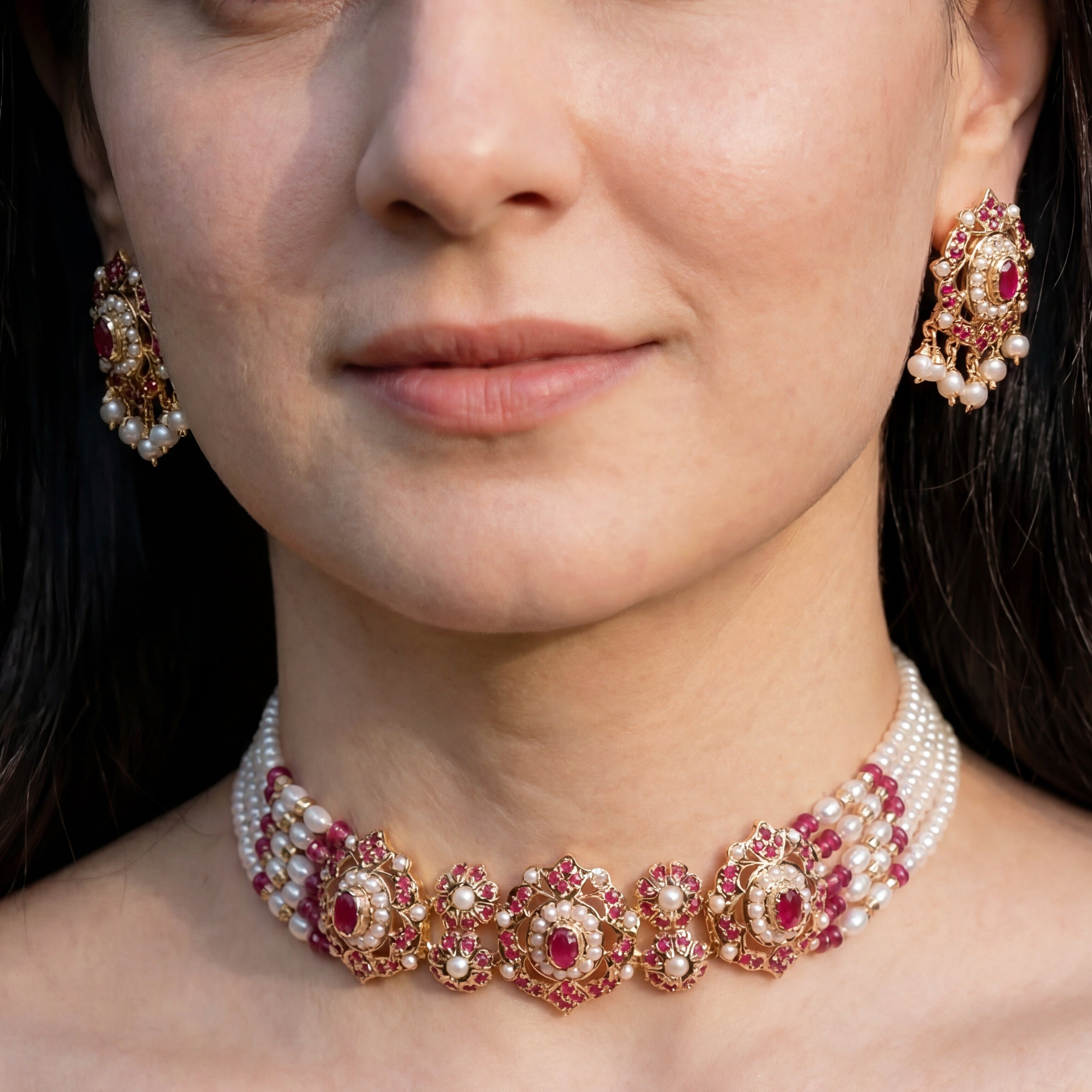 Indian Choker Set For Women | Gold Plated on Silver | Ruby Pearl Combination NS 381