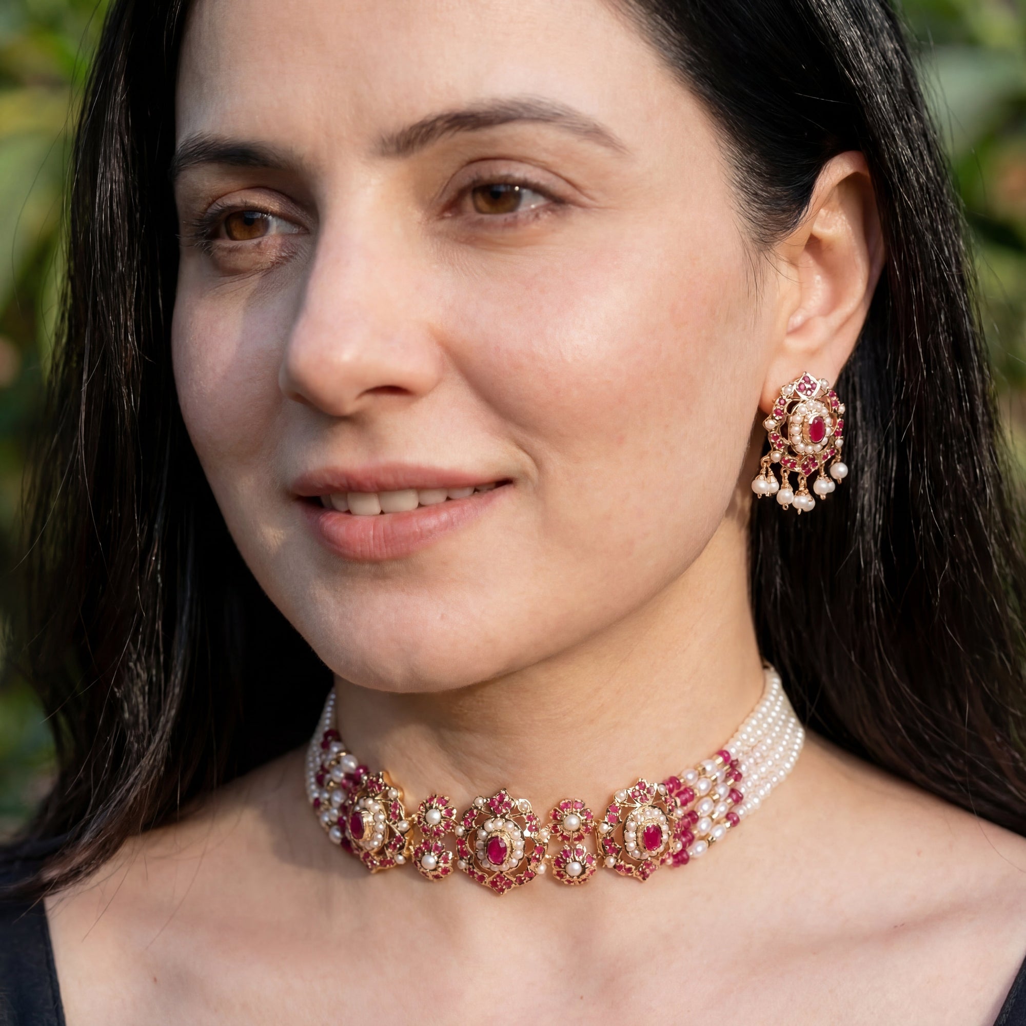 Indian Choker Set For Women | Gold Plated on Silver | Ruby Pearl Combination NS 381
