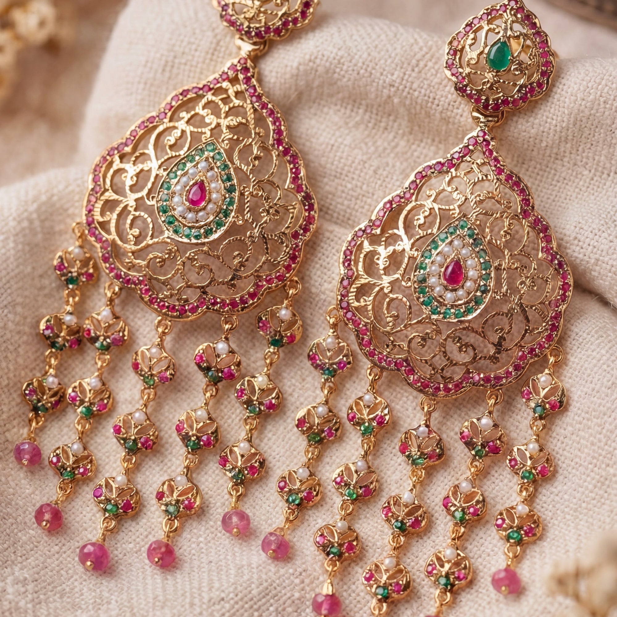 Statement Dangler Earrings | Gold Plated on Silver with Red Green Stones & Pearls | ER 602