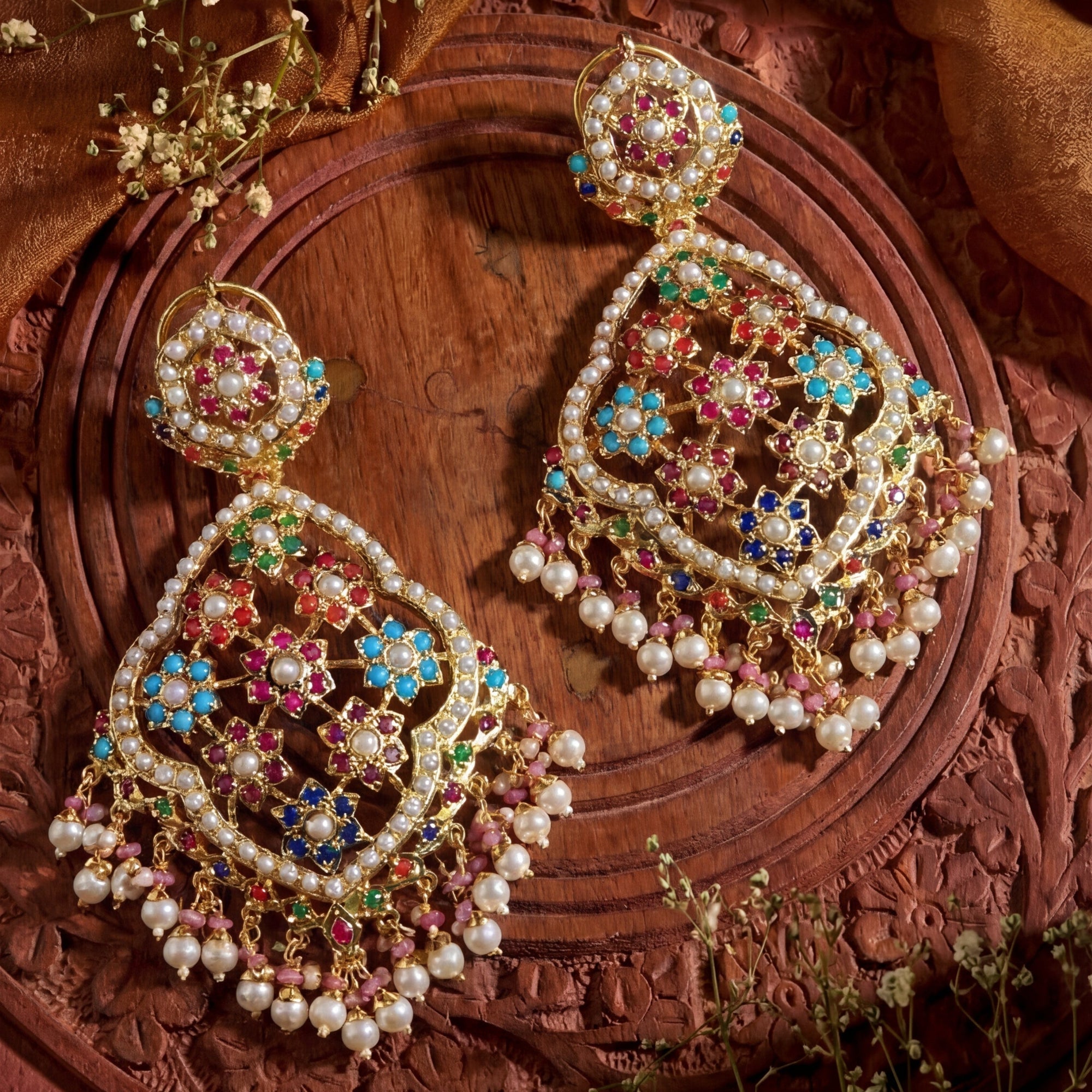 Long Navaratan Jadau Earrings on Silver | Statement Indian Danglers ER 127