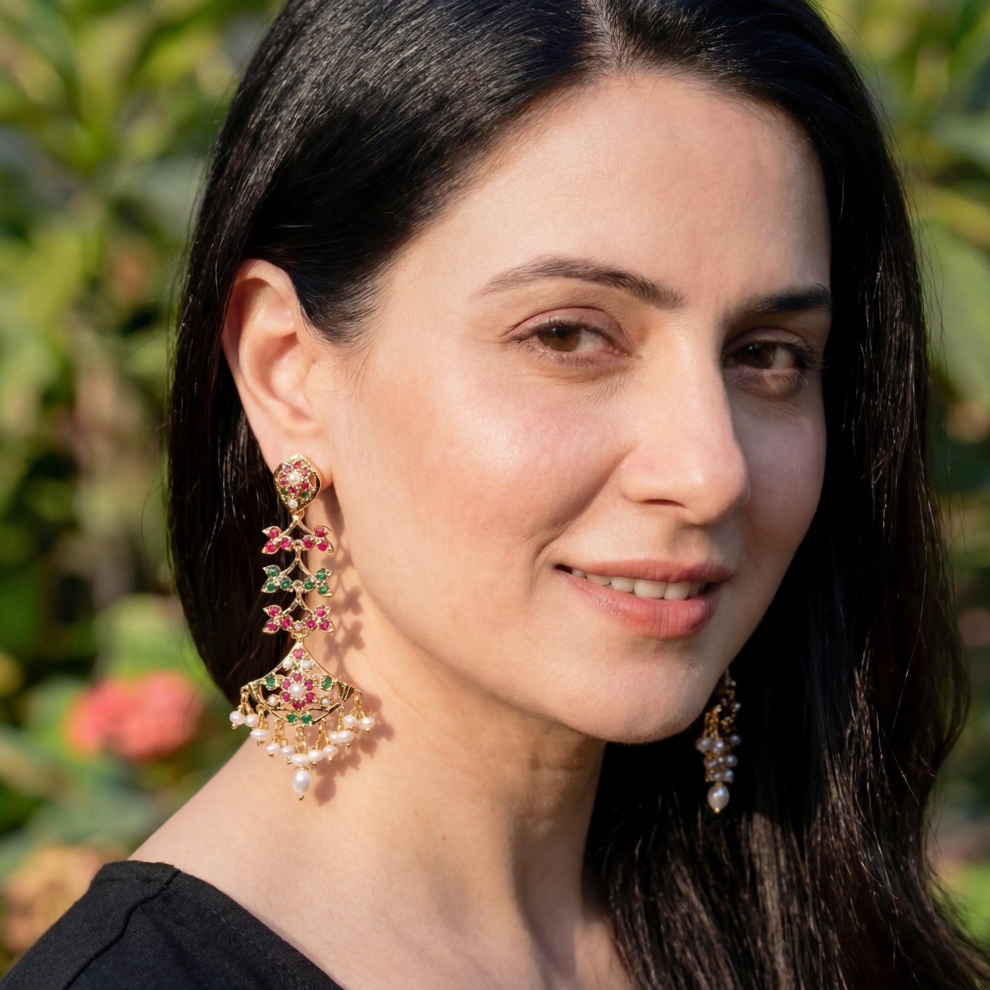 Long Ruby Emerald Danglers For Women | Gold Plated on Silver ER 615