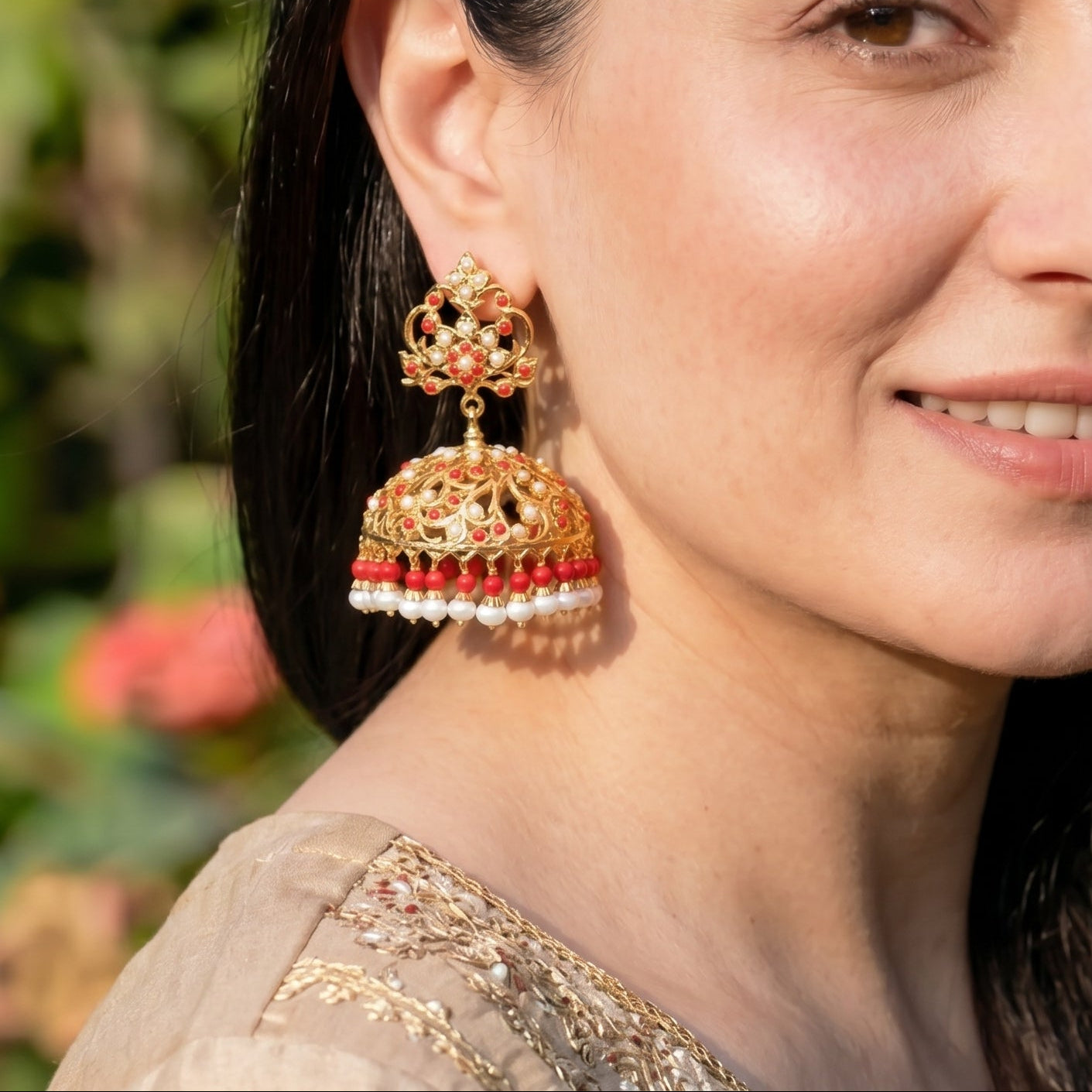 Buy Coral Jewellery Online | Large Gold Plated Indian Jhumka For Women ER 420