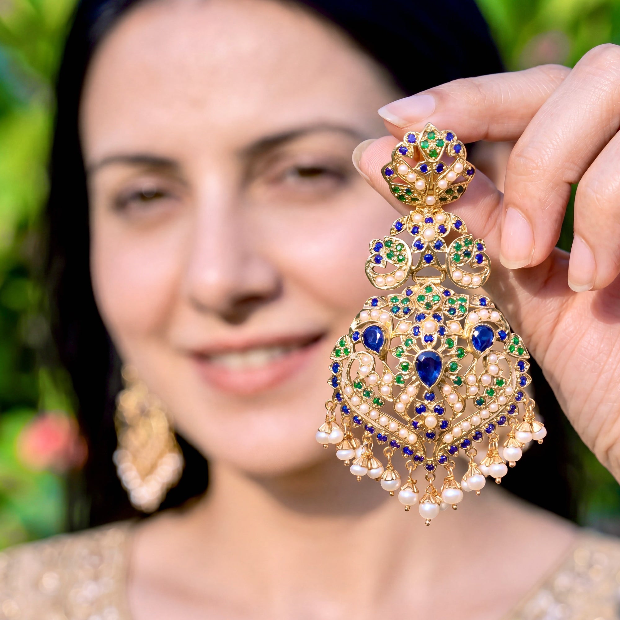 Royal Blue & Emerald Pearl Jadau Statement Earrings | Gold Plated on 925 Silver ER 701