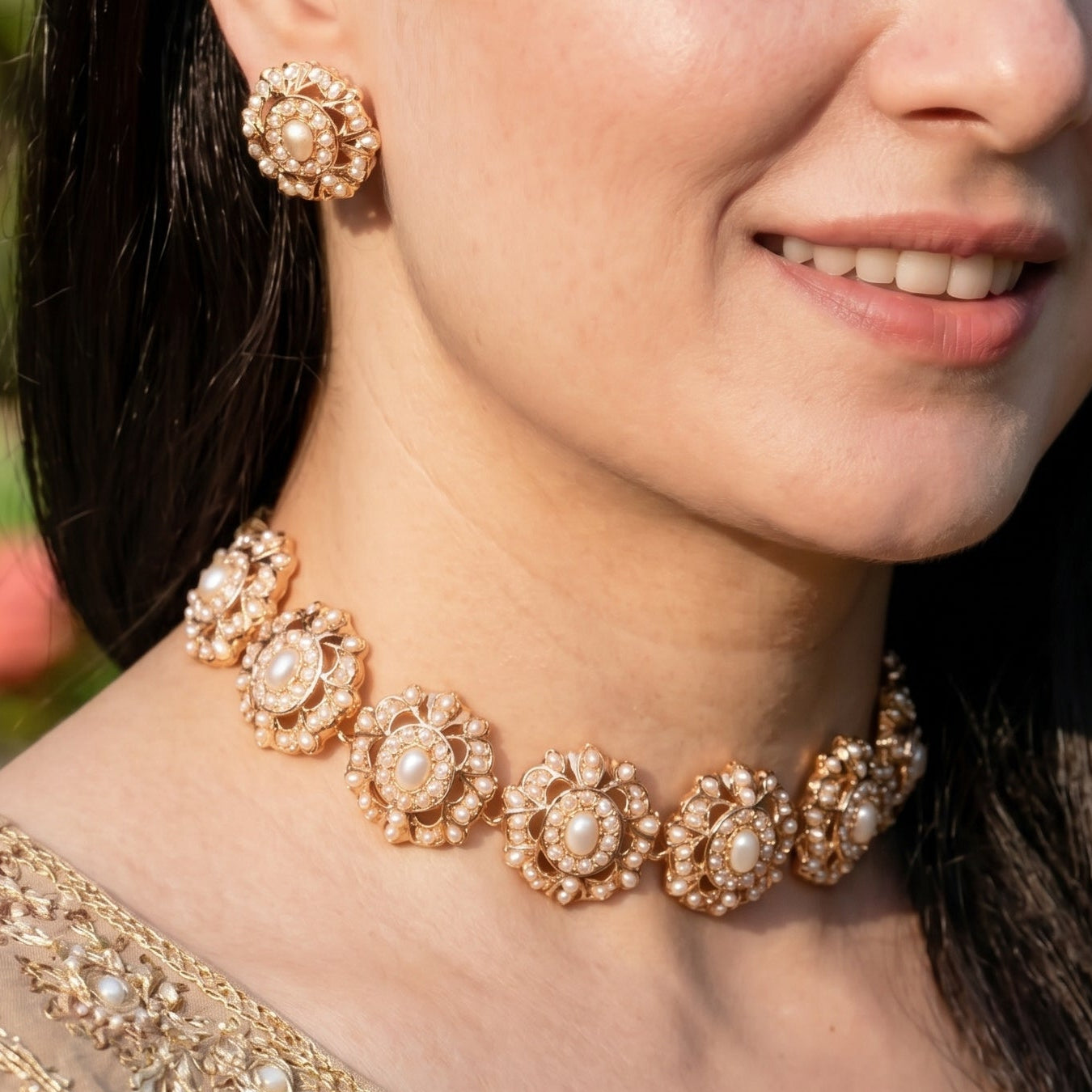 Pearl Rosette Jadau Choker Set | Gold Plated on 925 Silver NS 463