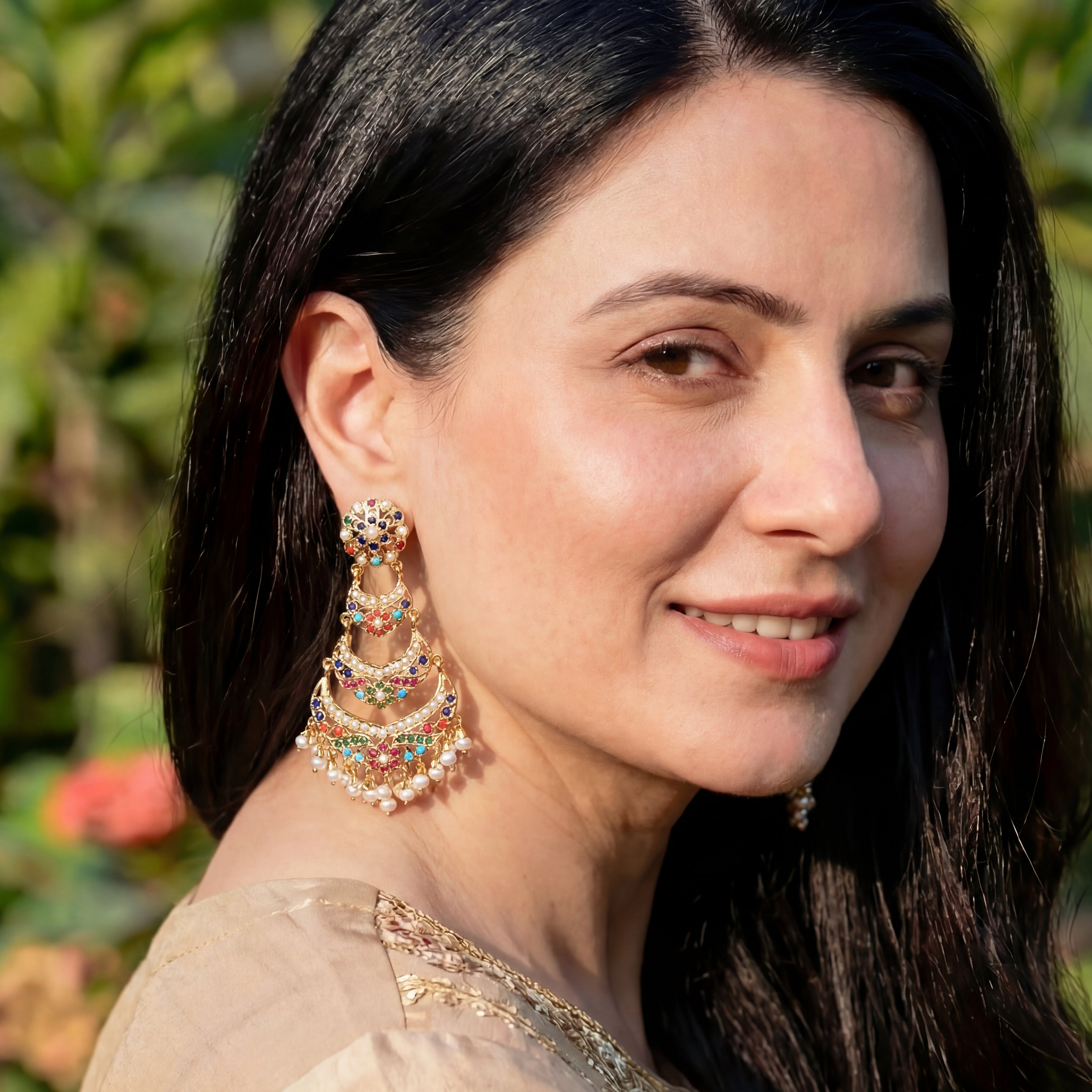 Long Navratna Earrings | Traditional Punjabi Jadau Jewelry on Silver ER 552