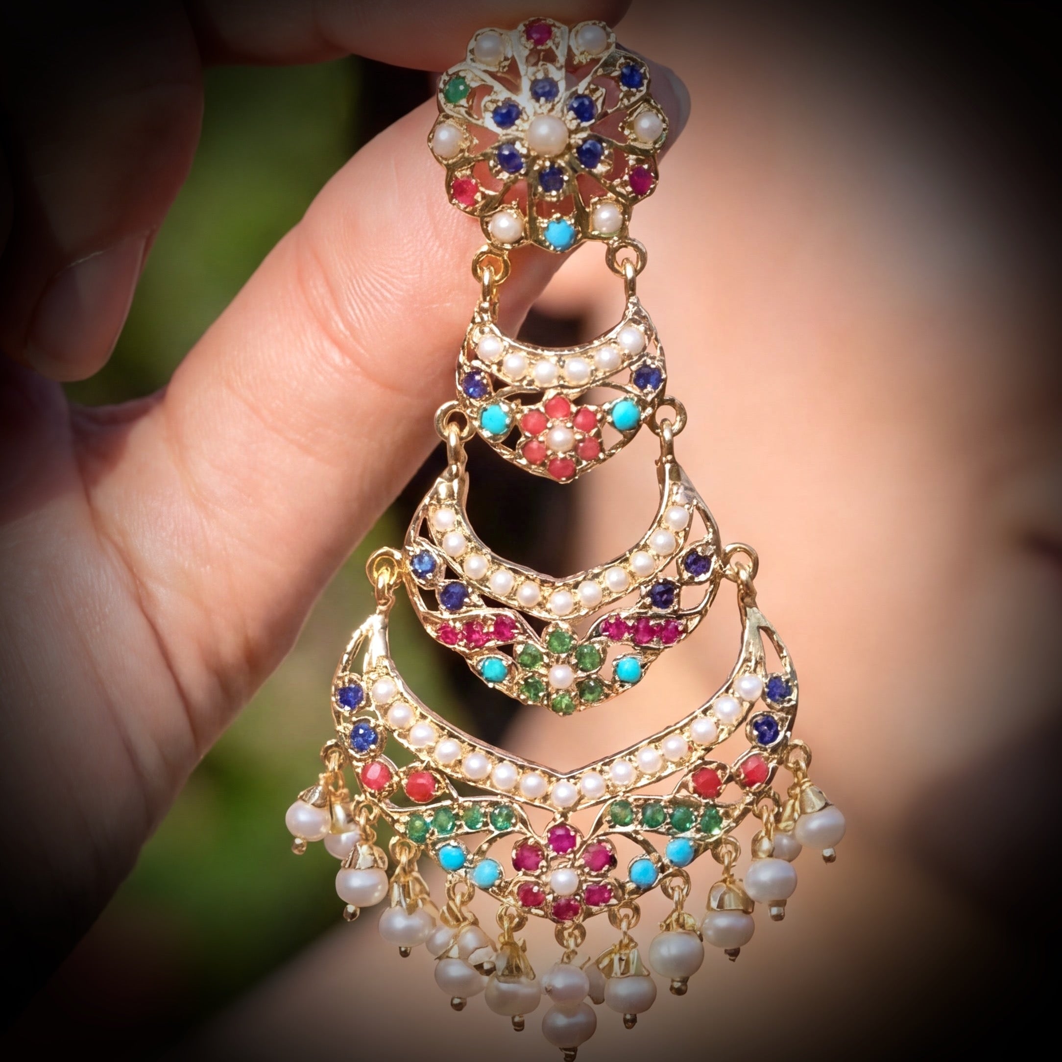 Long Navratna Earrings | Traditional Punjabi Jadau Jewelry on Silver ER 552