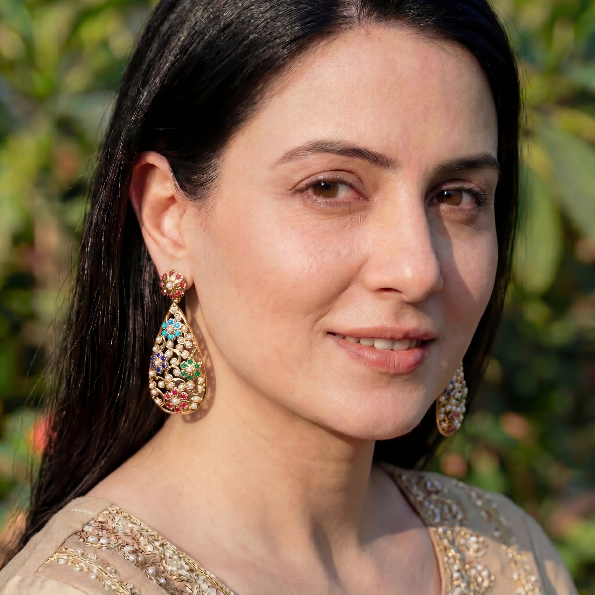 Gold Plated Navaratna Earrings | Indian Western Design For Women & Girls | Long Dainty Modern Earrings ER 200