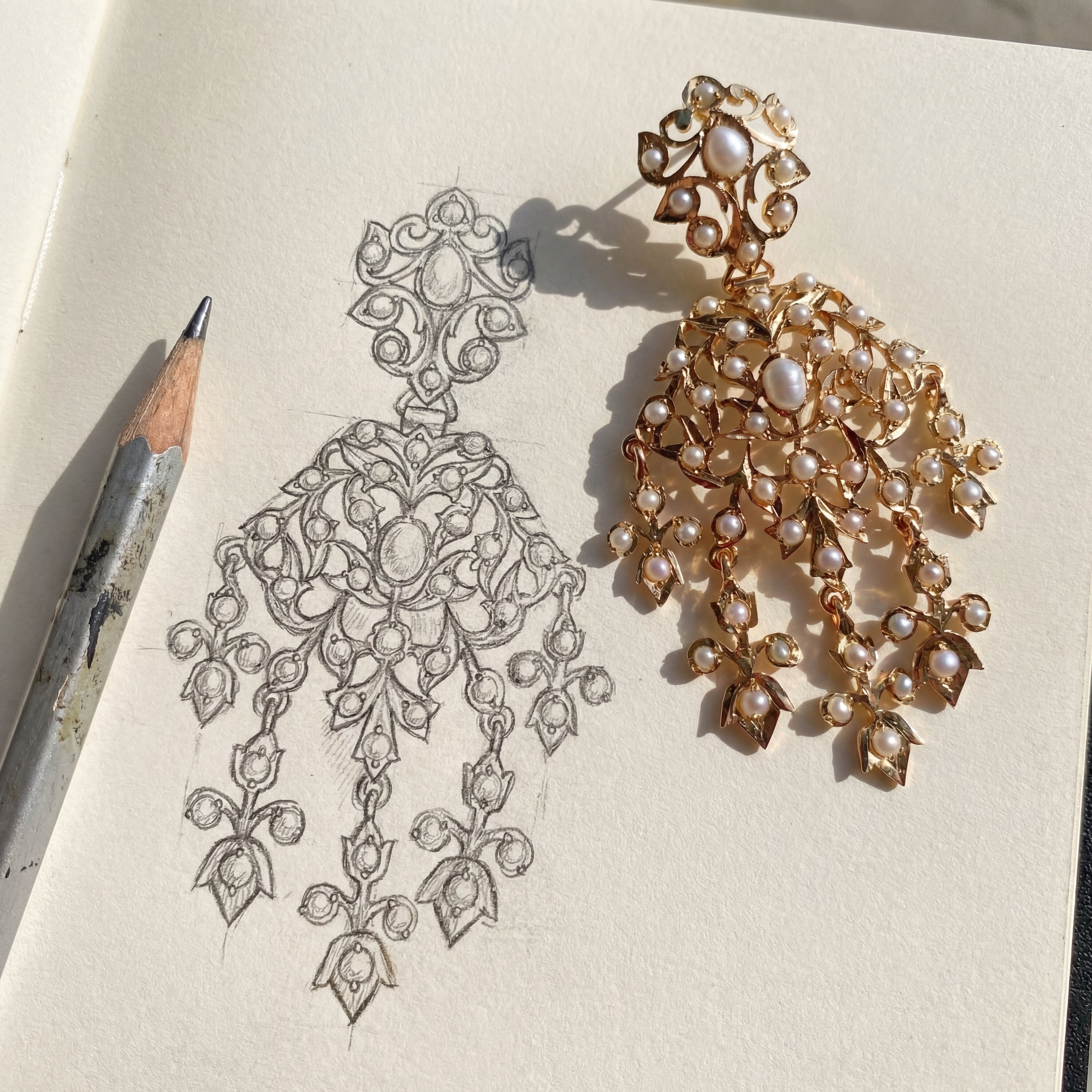 Victorian Design Pearl Earrings | Gold Plated Danglers for Women ER 476