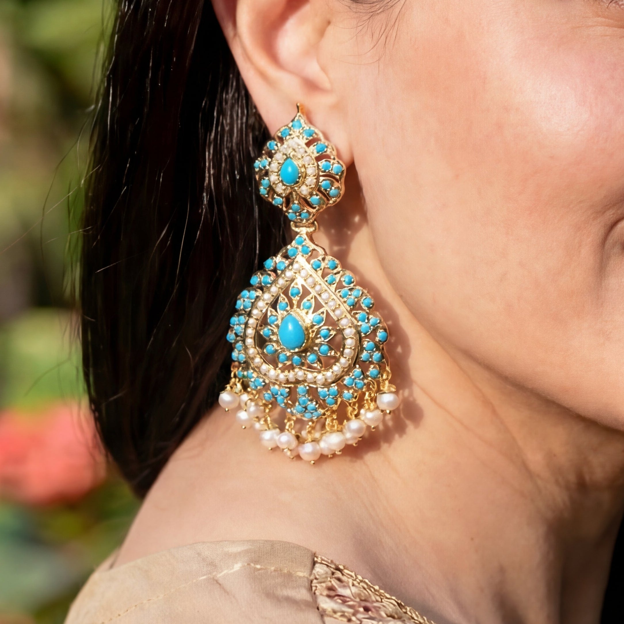 Pearl Pheroza Earrings on 925 Silver Base Metal | Indian Turquoise Jewelry ER 041