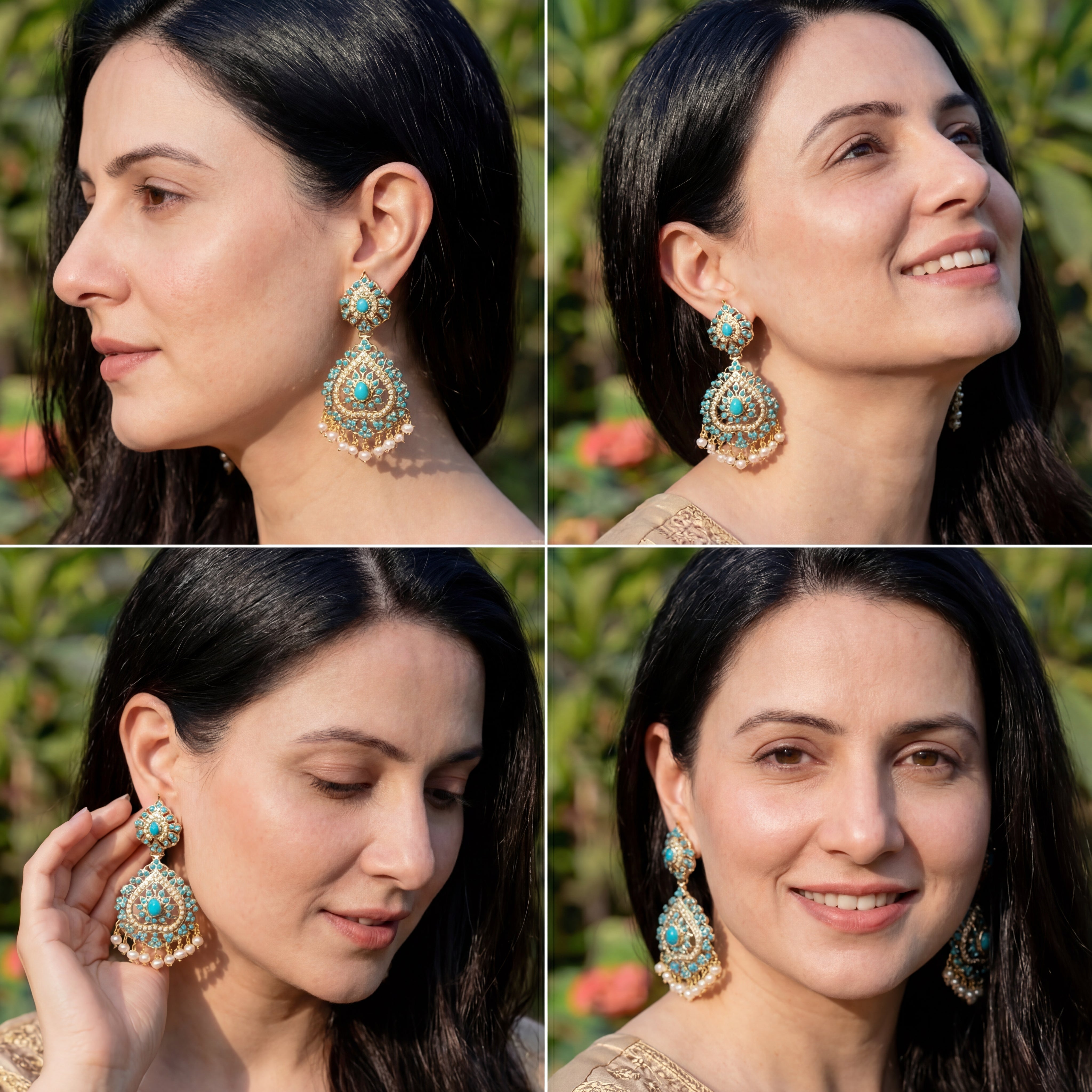 Pearl Pheroza Earrings on 925 Silver Base Metal | Indian Turquoise Jewelry ER 041