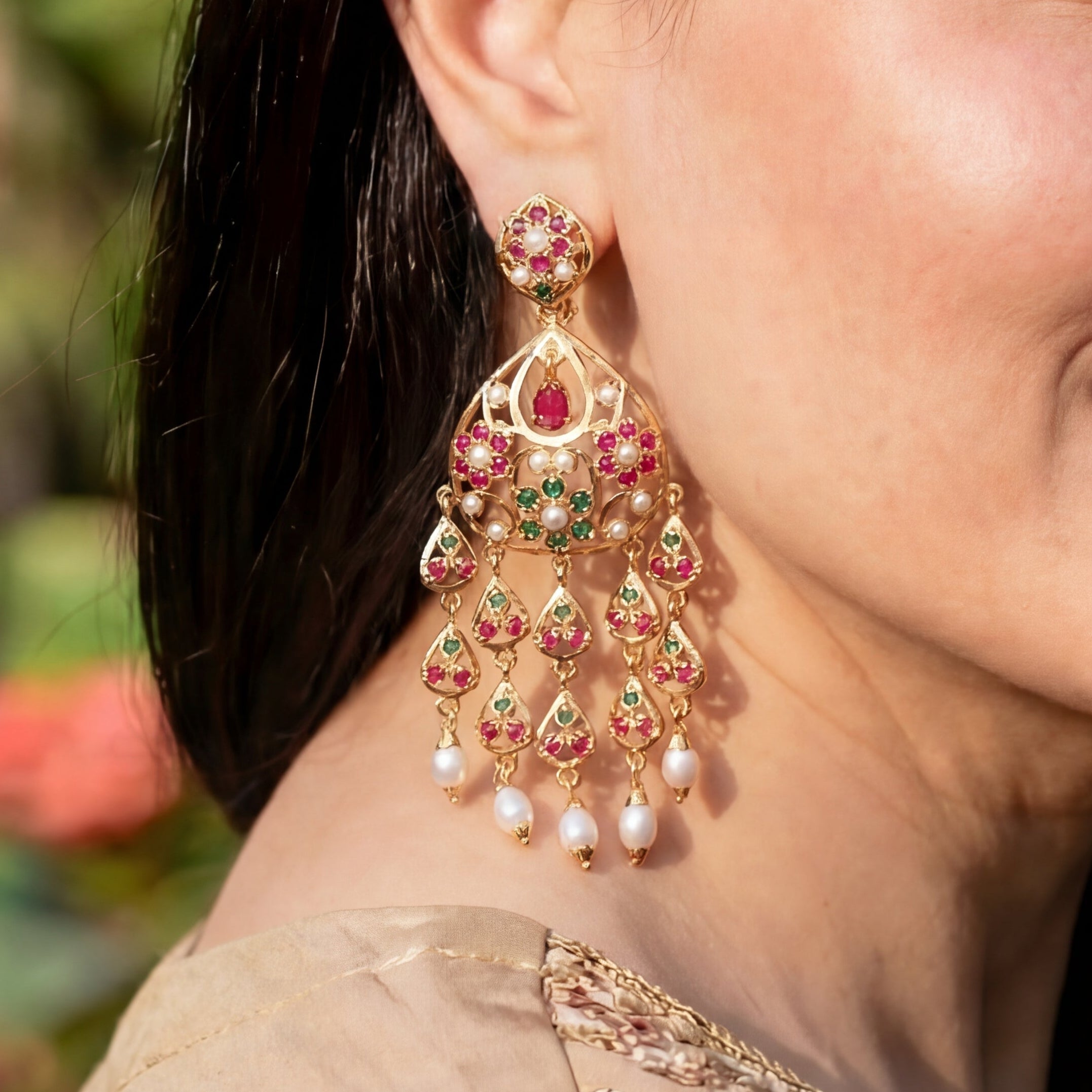 Long Jadau Danglers on Silver Base | Gold Plated ER 554