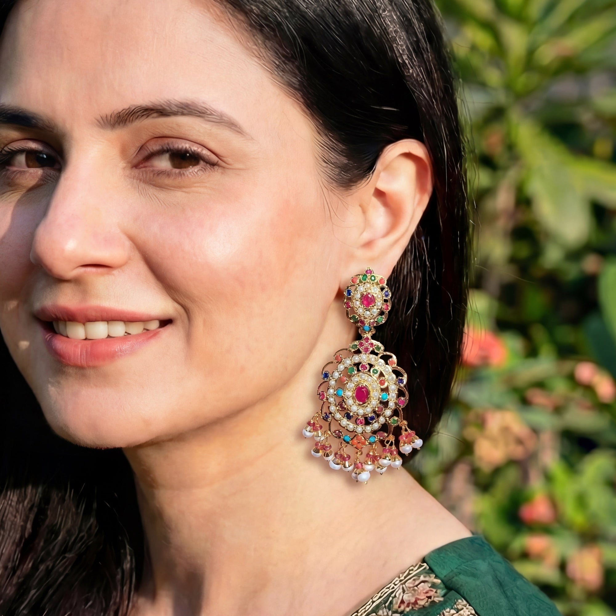 Statement Navaratna Long Earrings For Women | Fine 925 Silver Indian Jewellery ER 444