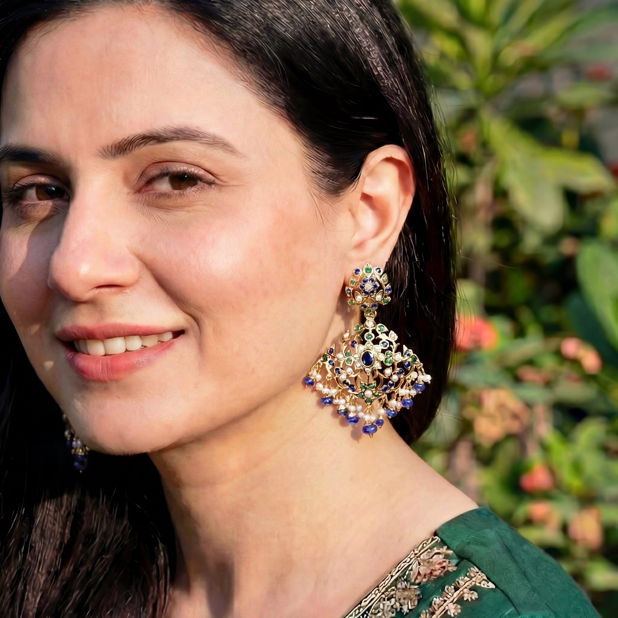 Gold Plated Pearl Emerald Sapphire Earrings on Silver ER 157