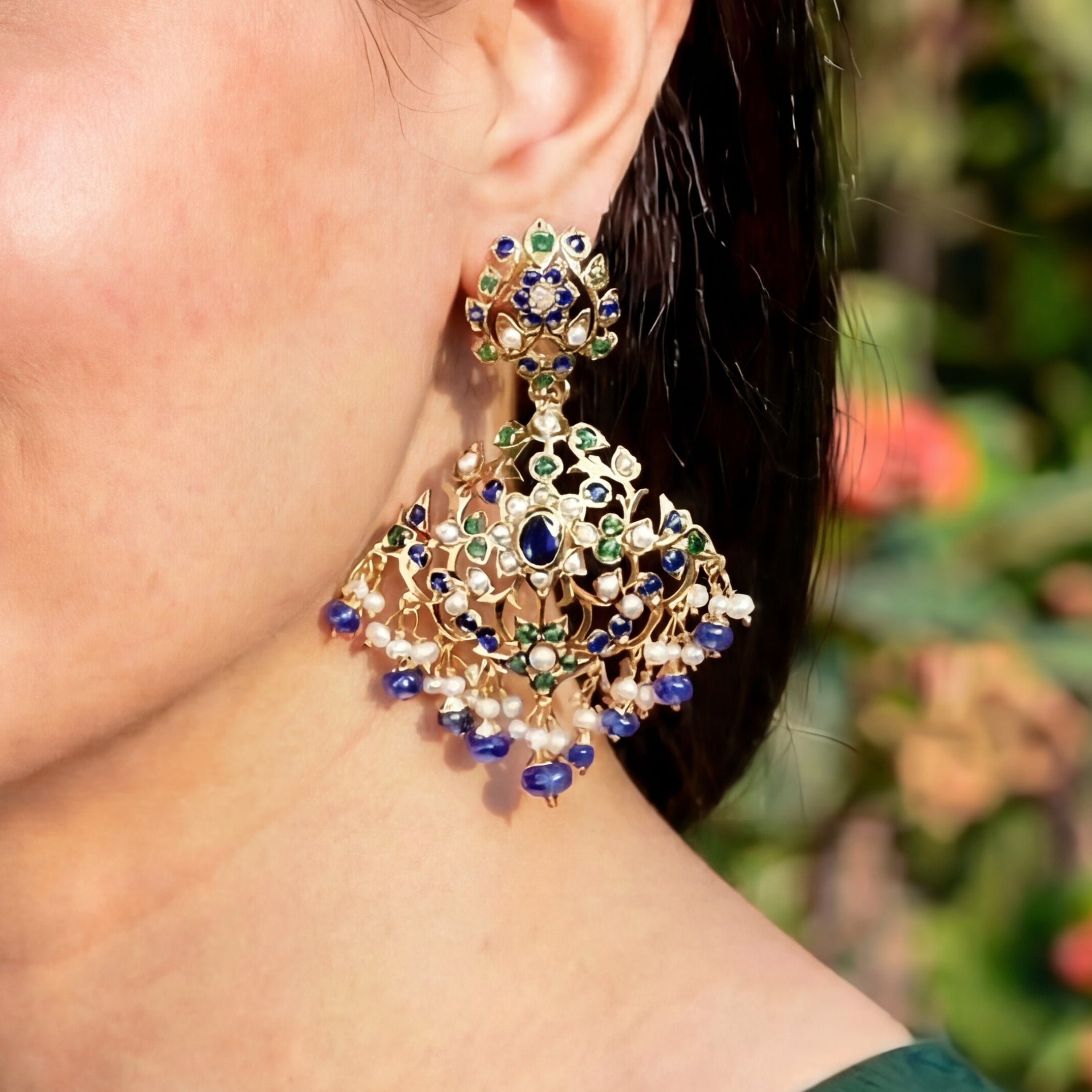 Gold Plated Pearl Emerald Sapphire Earrings on Silver ER 157