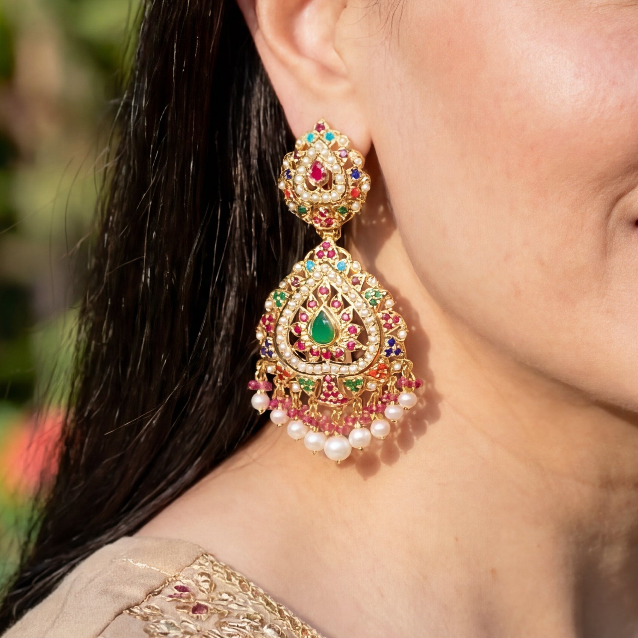 Gold Plated Navaratna Earrings | Statement Indian Earrings ER 229