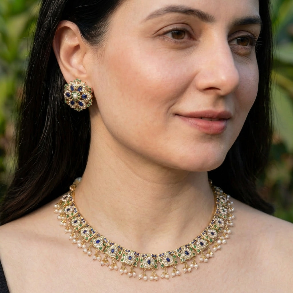Simplistic Indian Necklace with Statement Studs | Sapphire-Emerald Combination NS 273