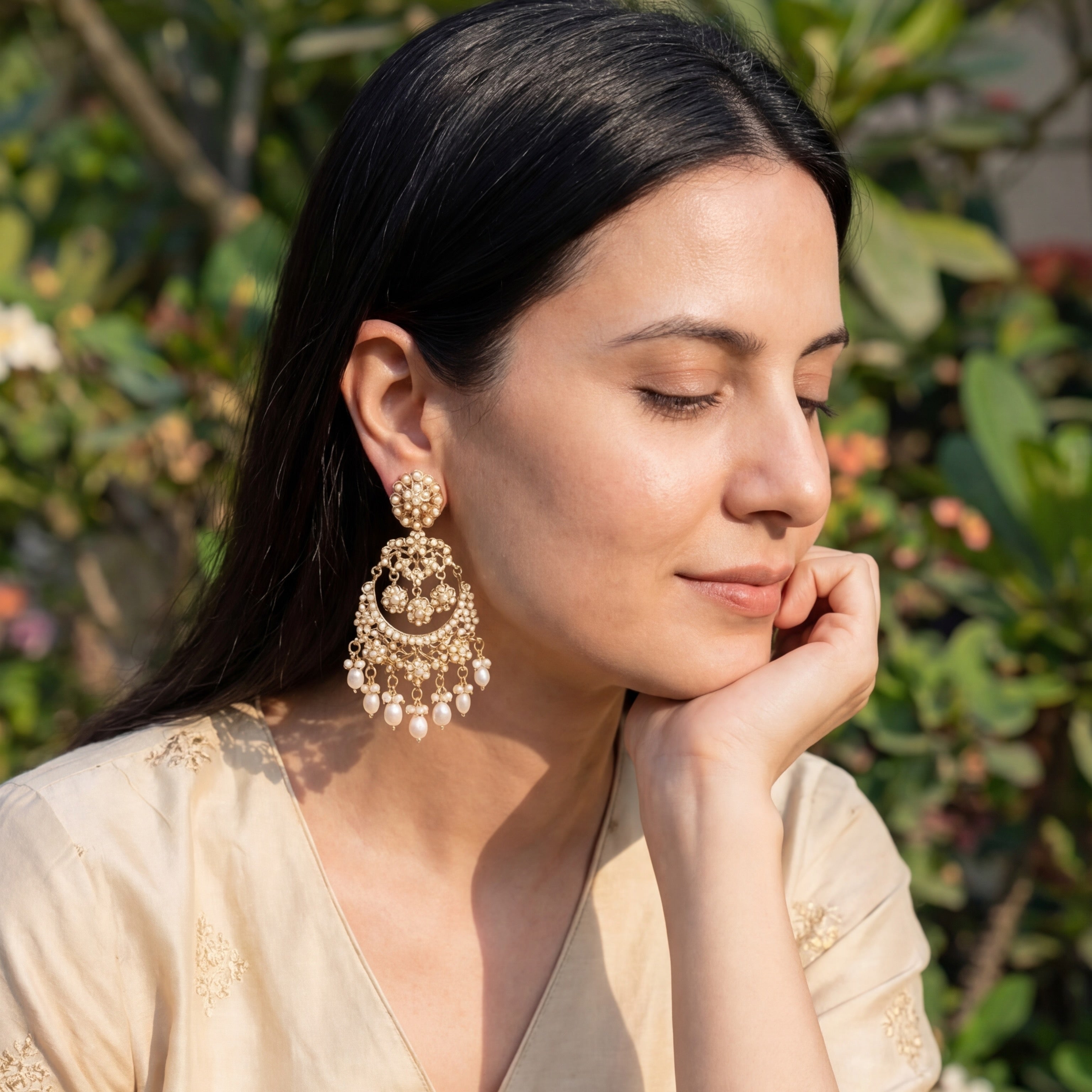 Exquisite Pearl Earrings | Unique Gold Plated Jadau Chandbalis ER 567