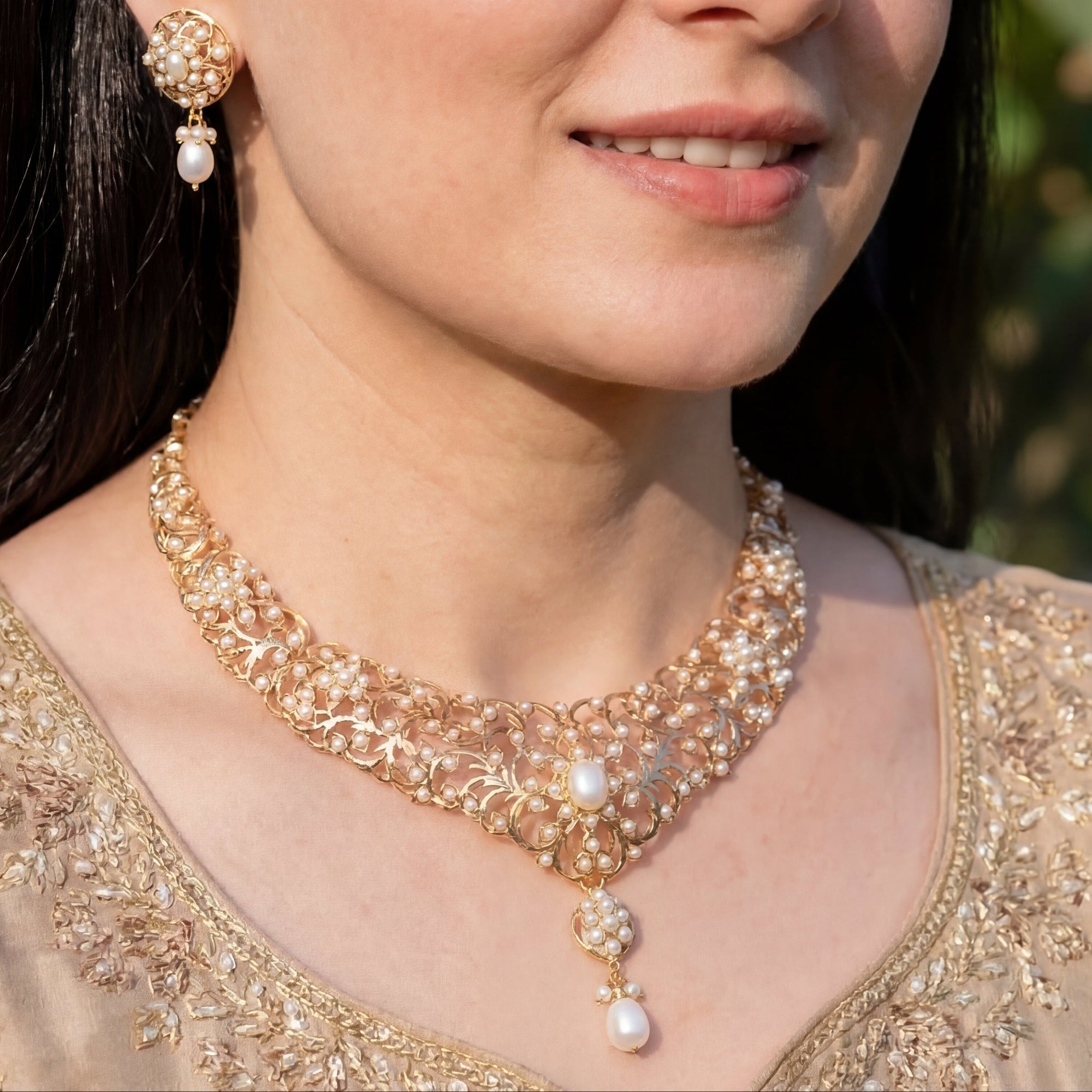 Antique Style Pearl Necklace Set | Edwardian Design | Silver Jewelry For Women NS 369