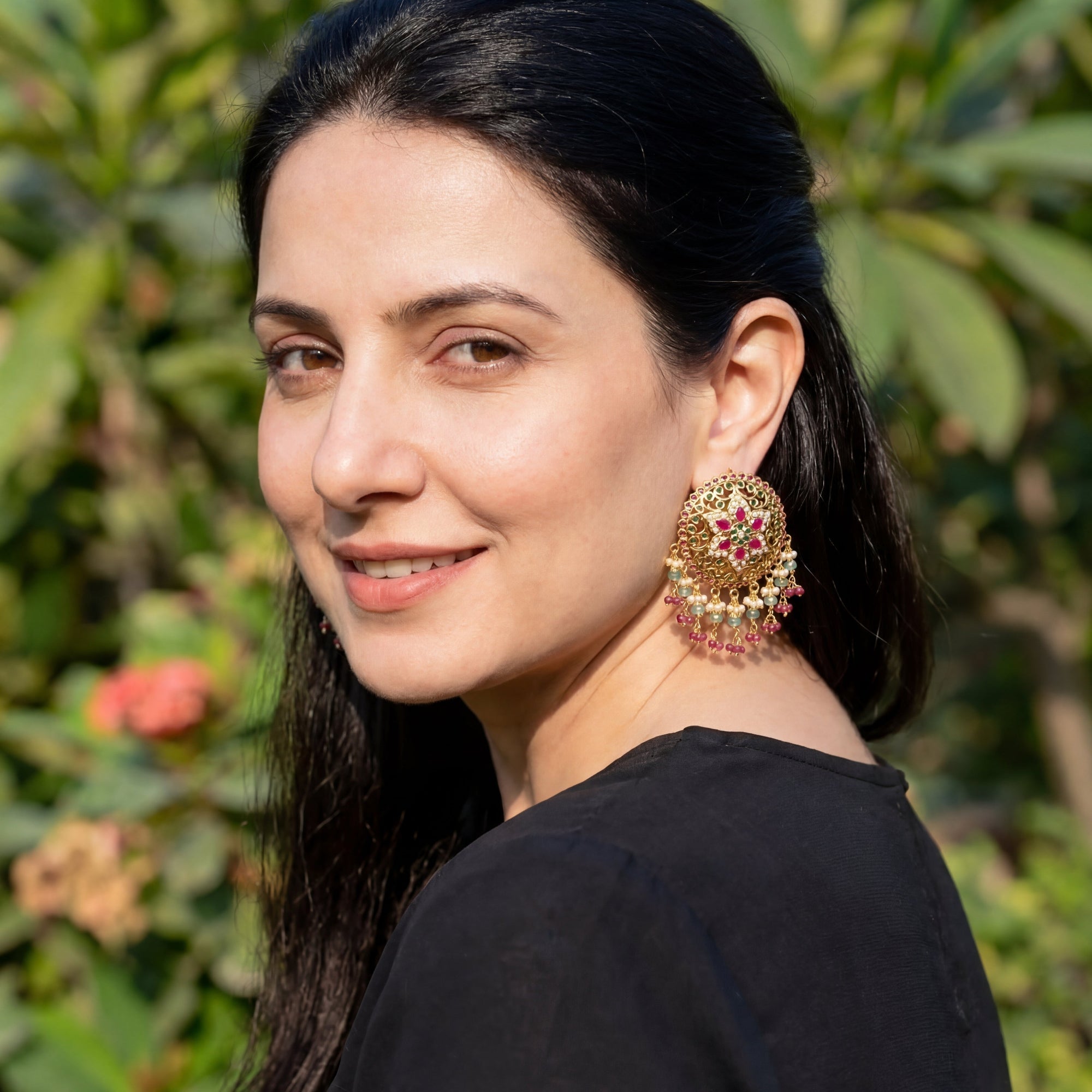 Statement Jadau Stud Earrings on Silver | Bridal Round Tops ER 384