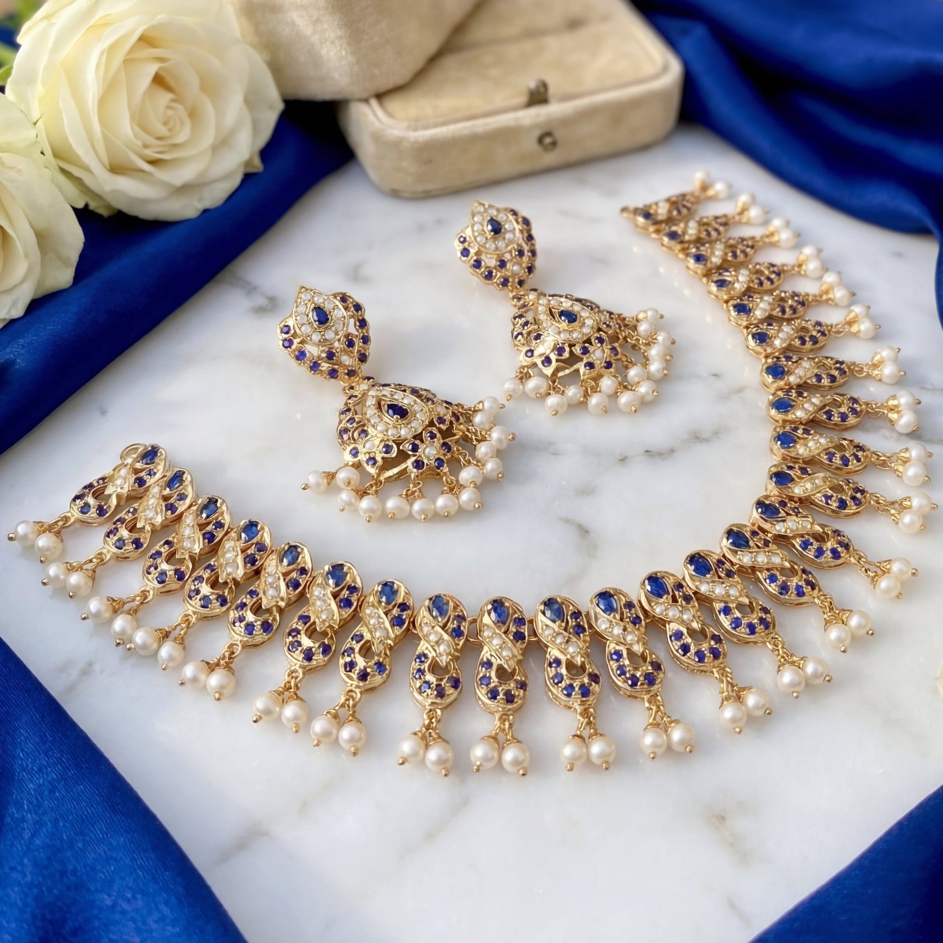 Gold Plated Jadau Set | Silver Based | Blue Sapphire & Pearl Jewelry NS 219