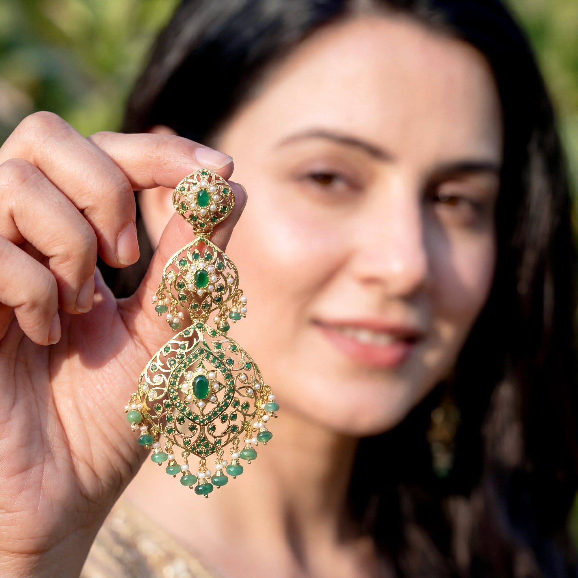 Statement Emerald Green Danglers | Gold Plated on 925 Silver Base ER 666