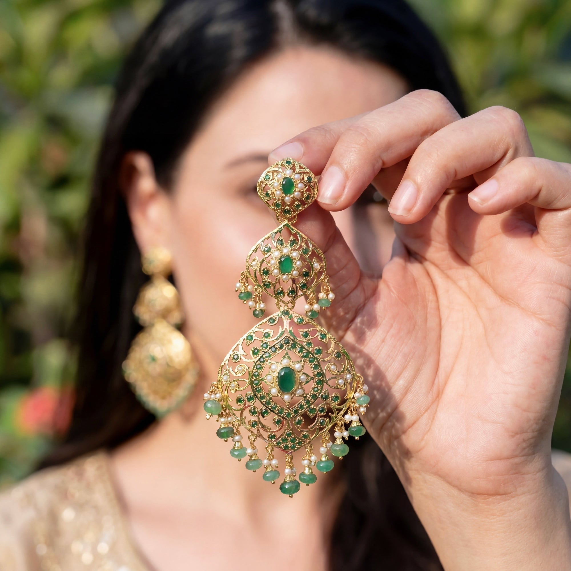 Statement Emerald Green Danglers | Gold Plated on 925 Silver Base ER 666