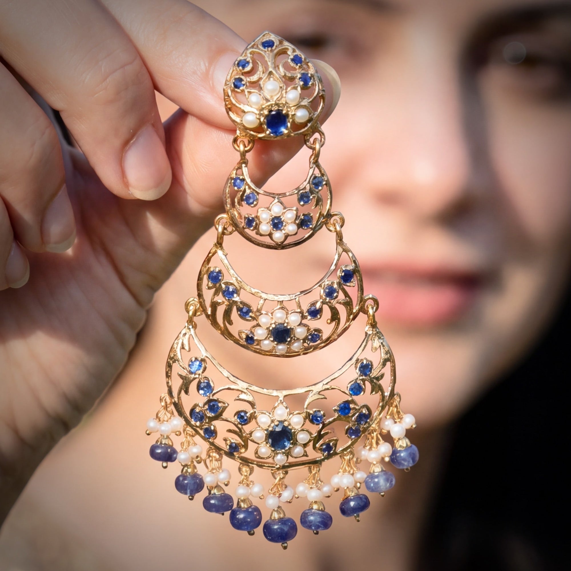 Exquisite Silver Dangler Earrings | Pearl and Sapphire Combination ER 442