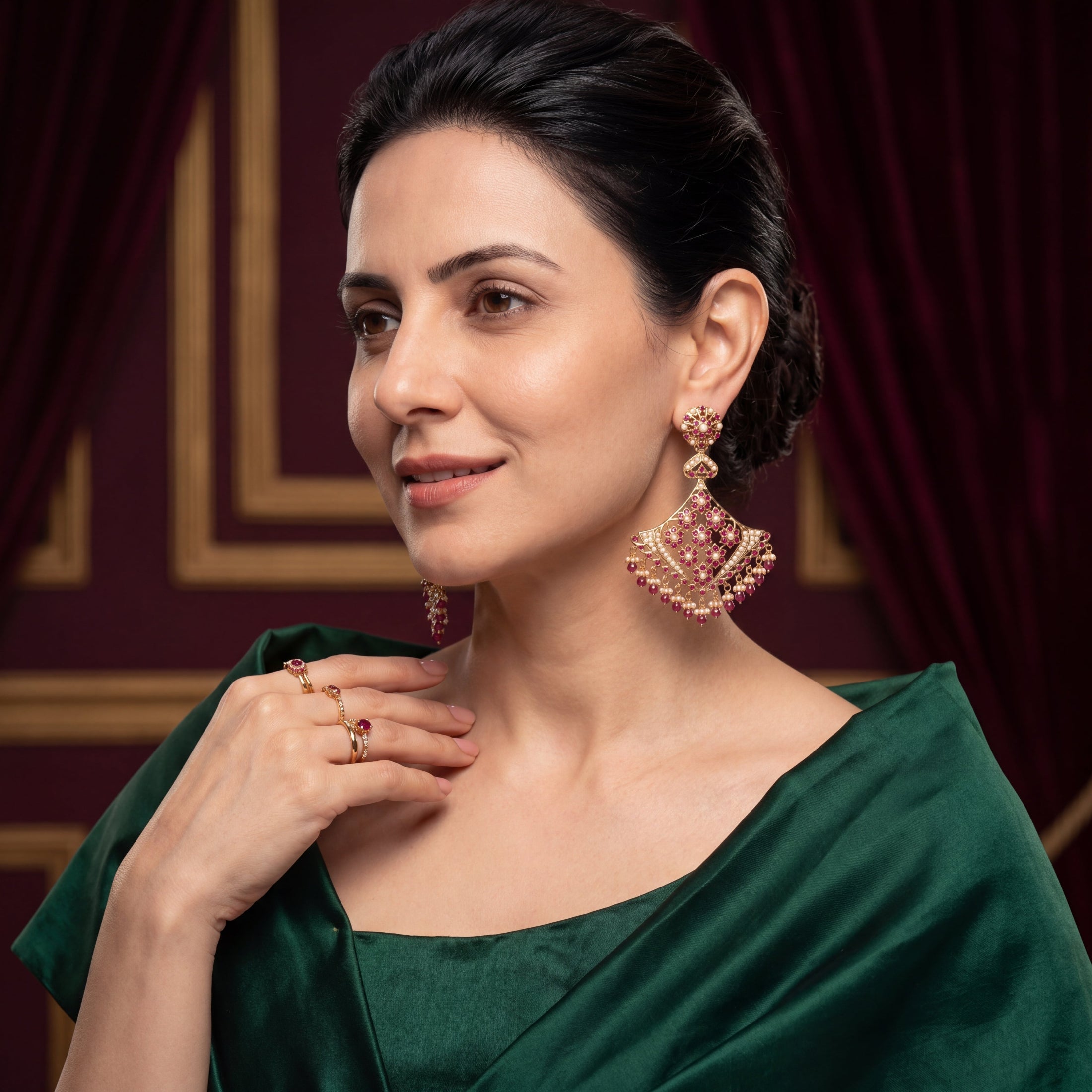 Statement Indian Silver Earrings | Fashion Jewelry in Ruby Red & Pearl Combination | ER 426