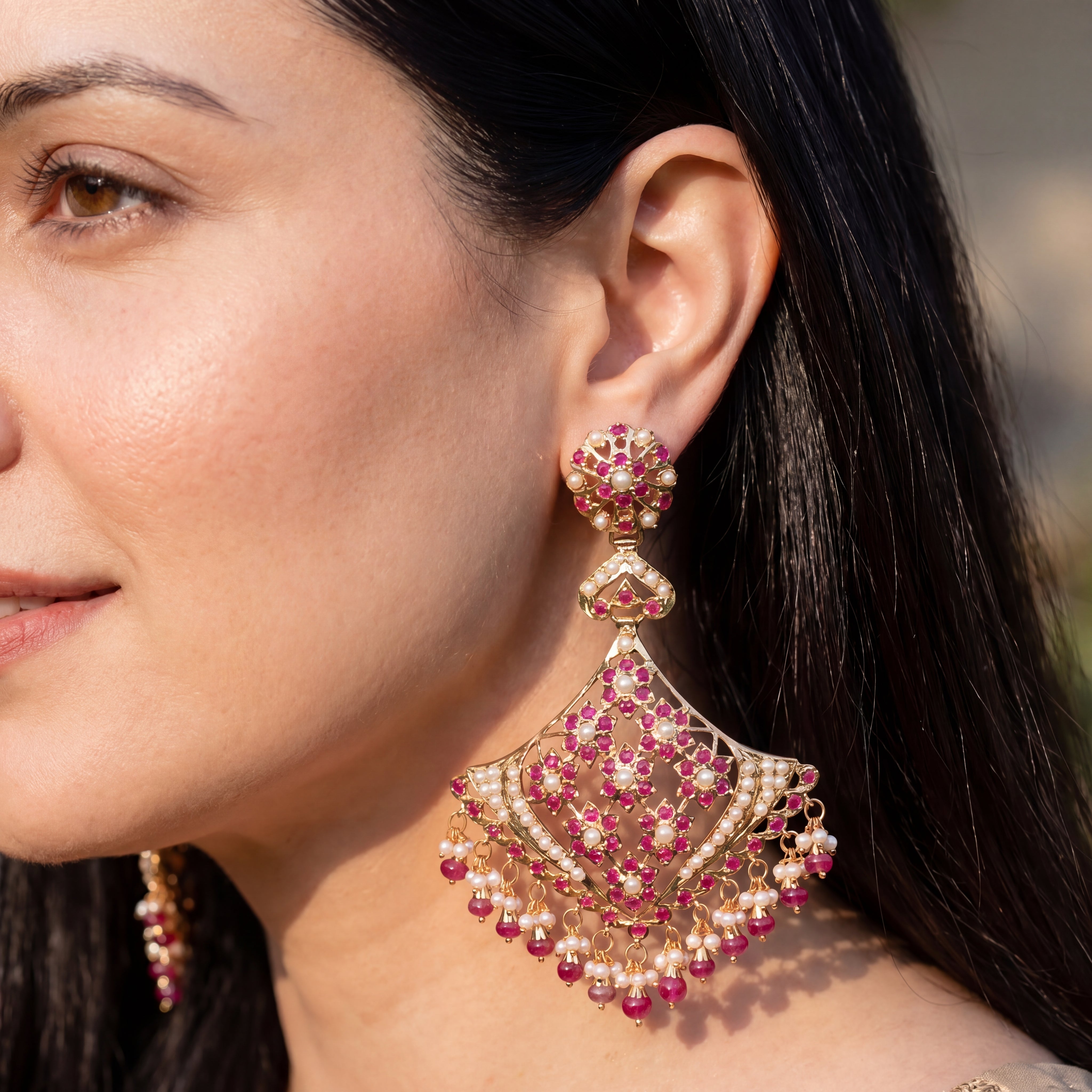Statement Indian Silver Earrings | Fashion Jewelry in Ruby Red & Pearl Combination | ER 426