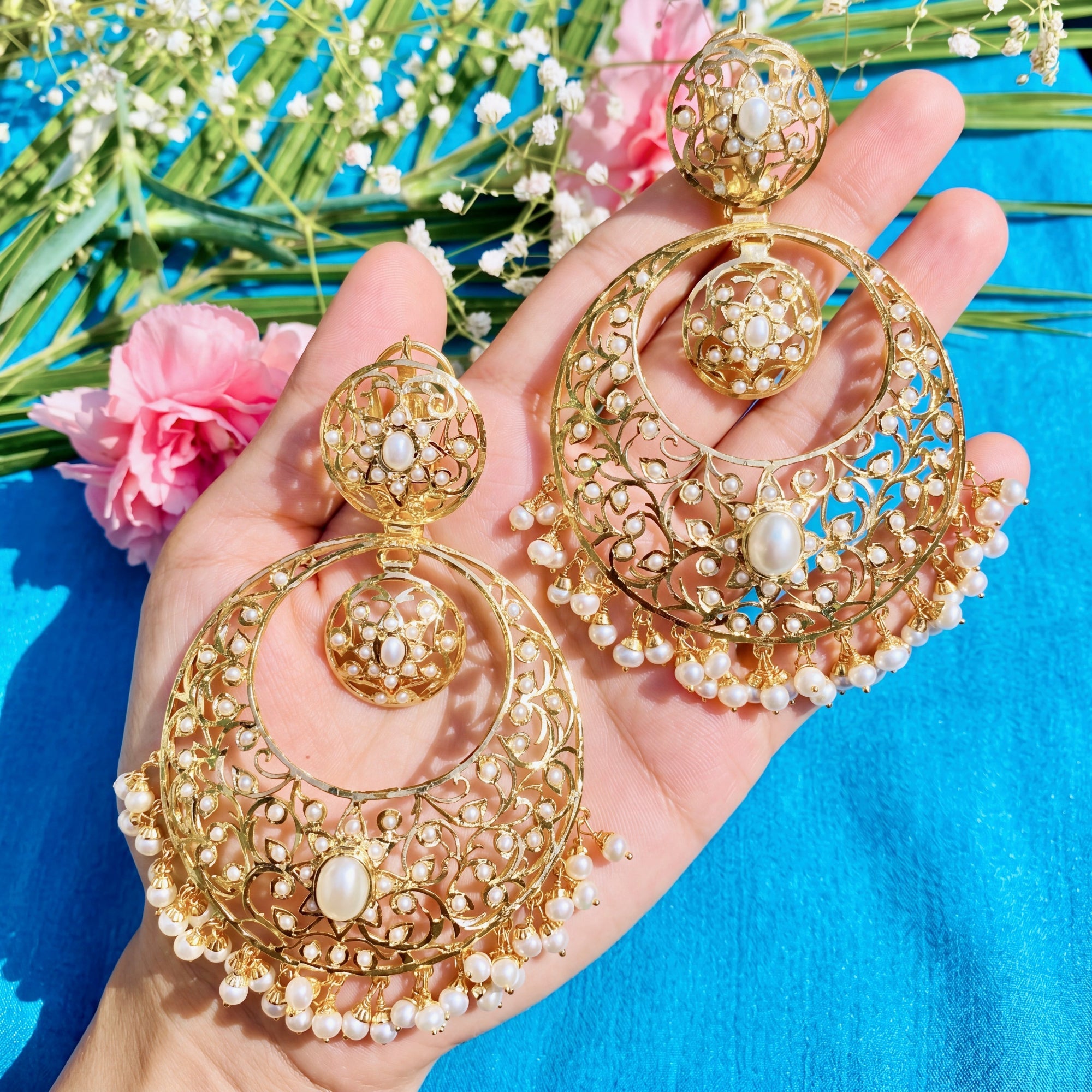 Pearls Studded Chandbali Earrings | Big Statement Design on Sterling Silver ER 005