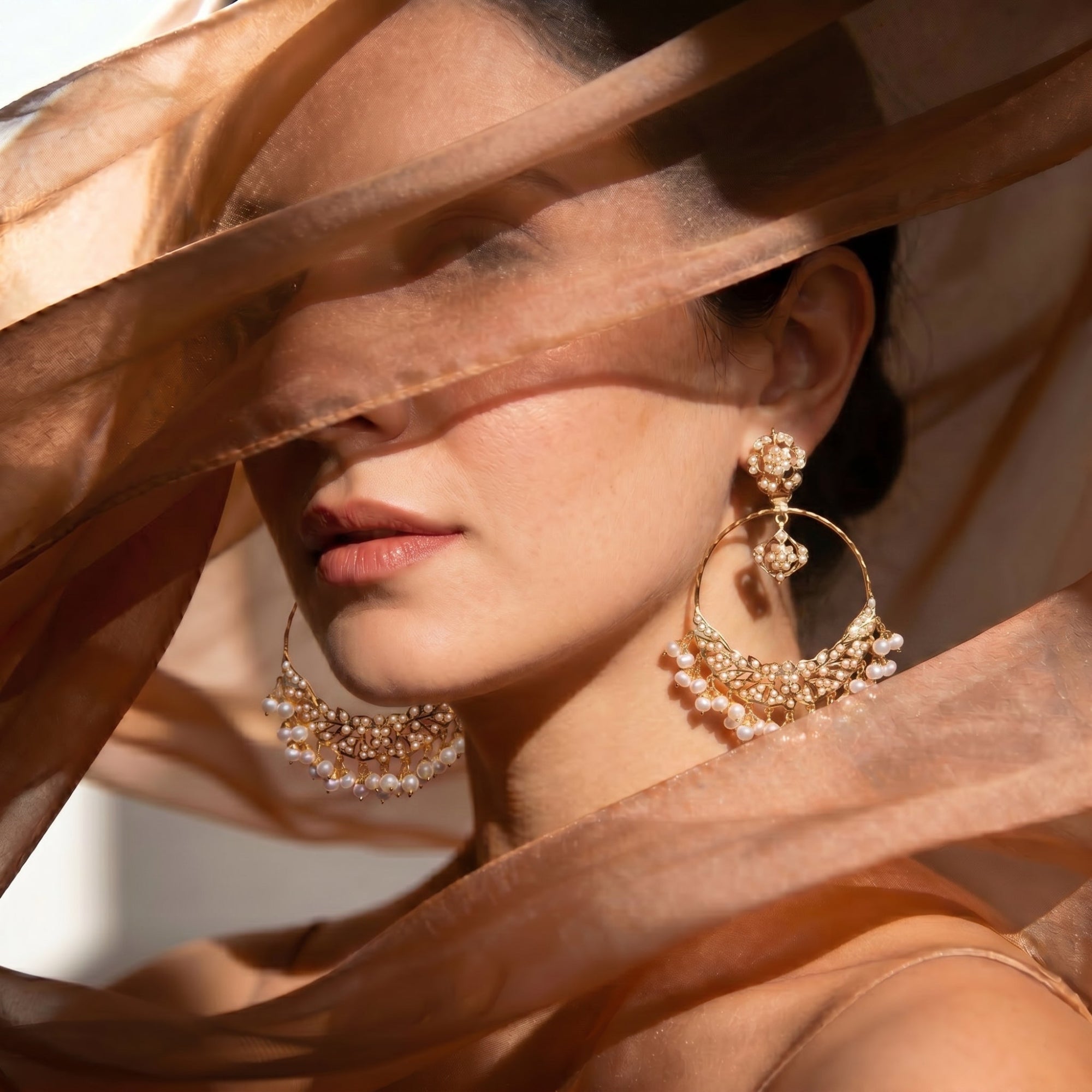 Pearl Chandbali Earrings | Pearl Hoop Earrings | Gold Plated Silver ER 264