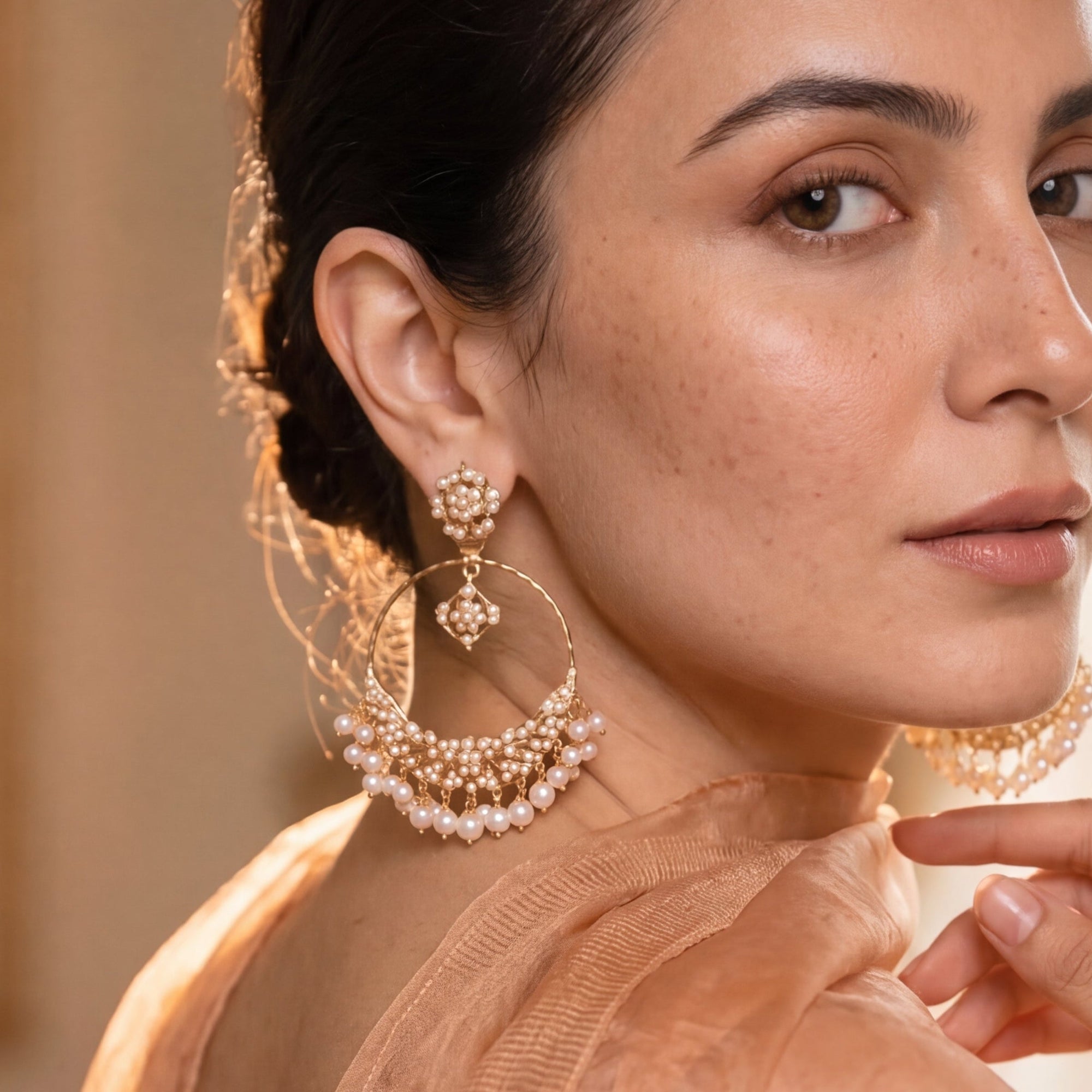 Pearl Chandbali Earrings | Pearl Hoop Earrings | Gold Plated Silver ER 264