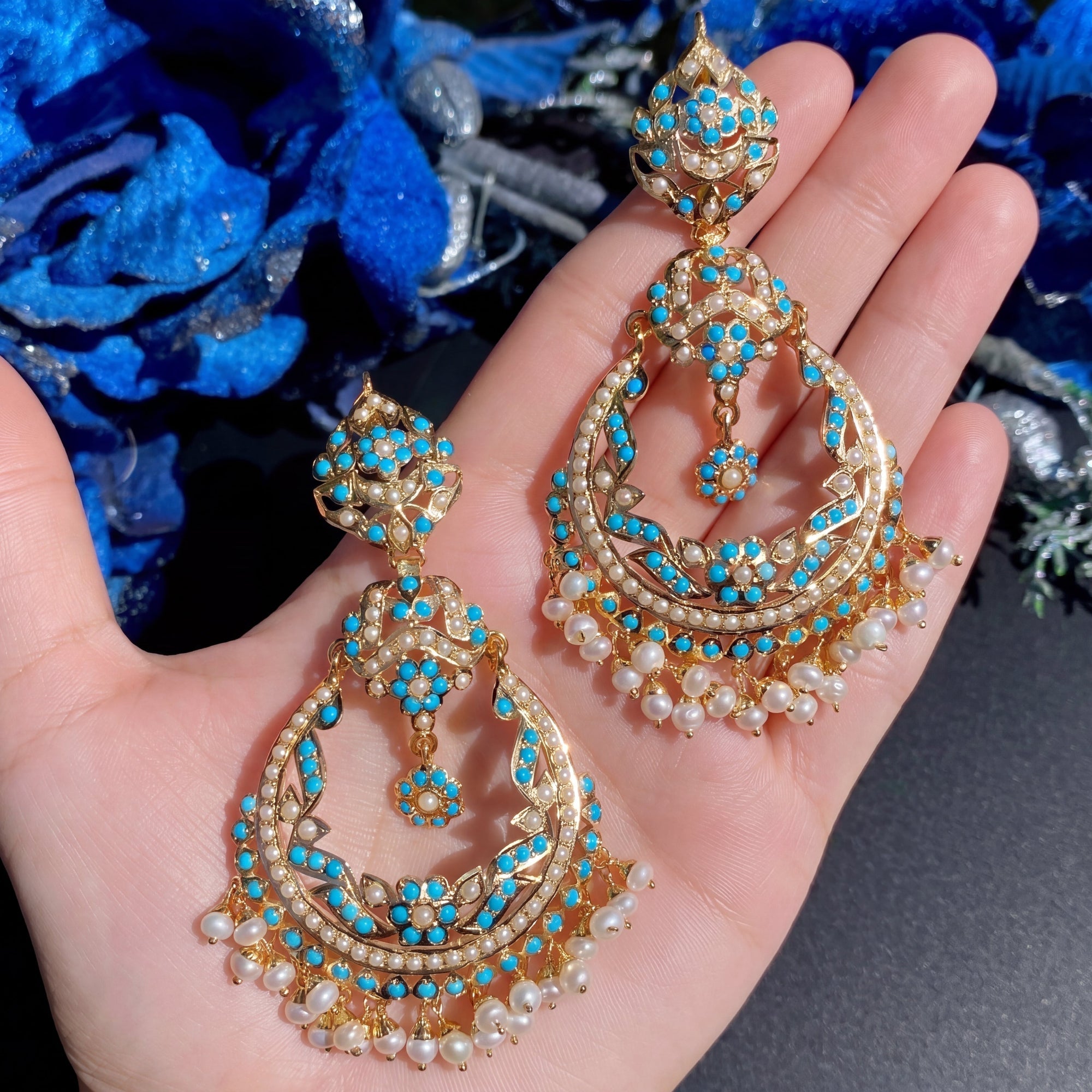Long Feroza Chandbali Earrings | Antique Style Design | Gold Plated Jewelry For Women ER 053