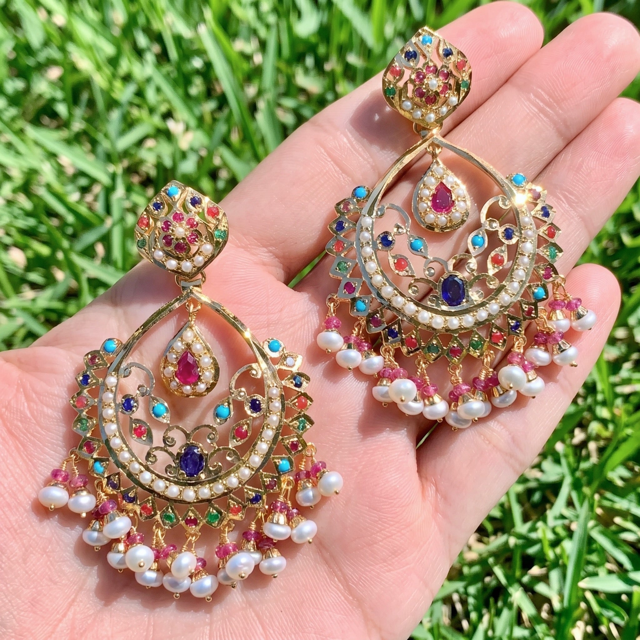 Indian Navaratna Jewellery | Drop Shaped Silver Chandbali Earrings ER 259