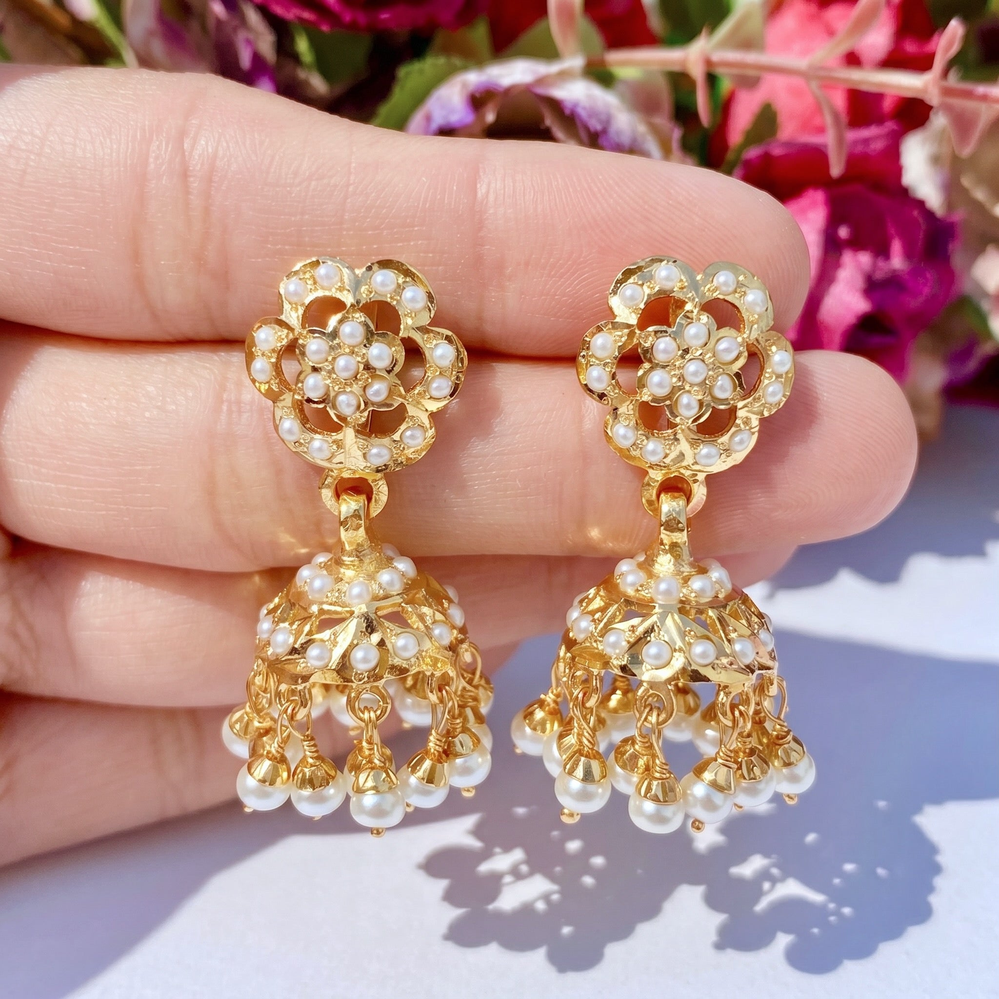 Gold Polished Silver Jhumkas Studded with Pearls | Small Dainty Design ER 152
