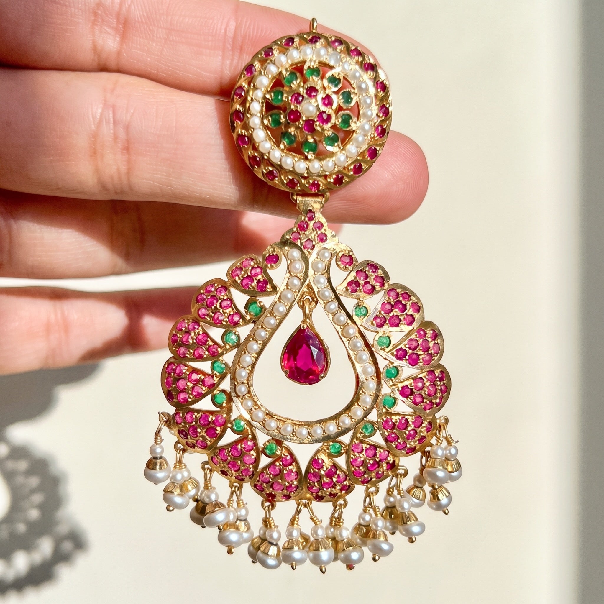 Ruby Emerald Pearl Chandbali | Gold Plated ER 435