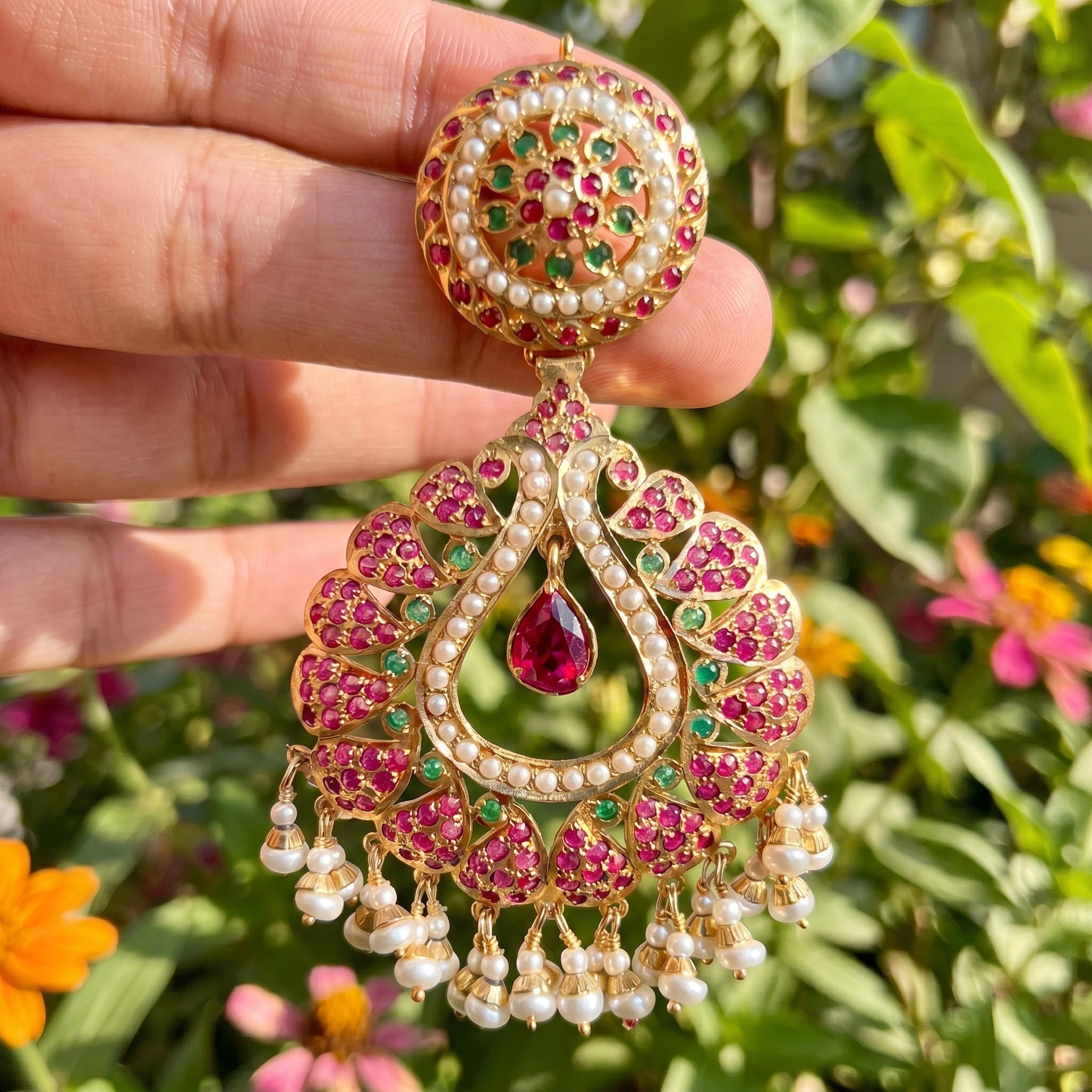 Ruby Emerald Pearl Chandbali | Gold Plated ER 435
