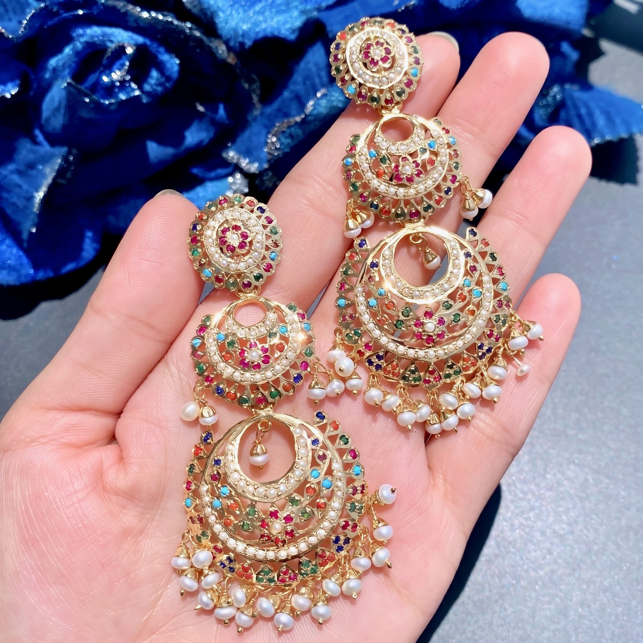 Navratna Double Chandbali Earrings | Indian Sterling Silver Jewelry in USA ER 566