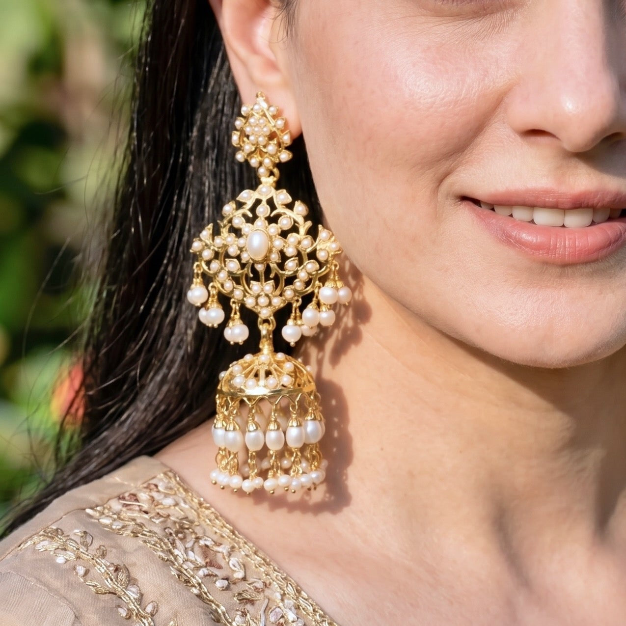 Tall Pearl Jhumki Earrings | Big Pearl Jhumkas For Women | Gold Plated Silver ER 153