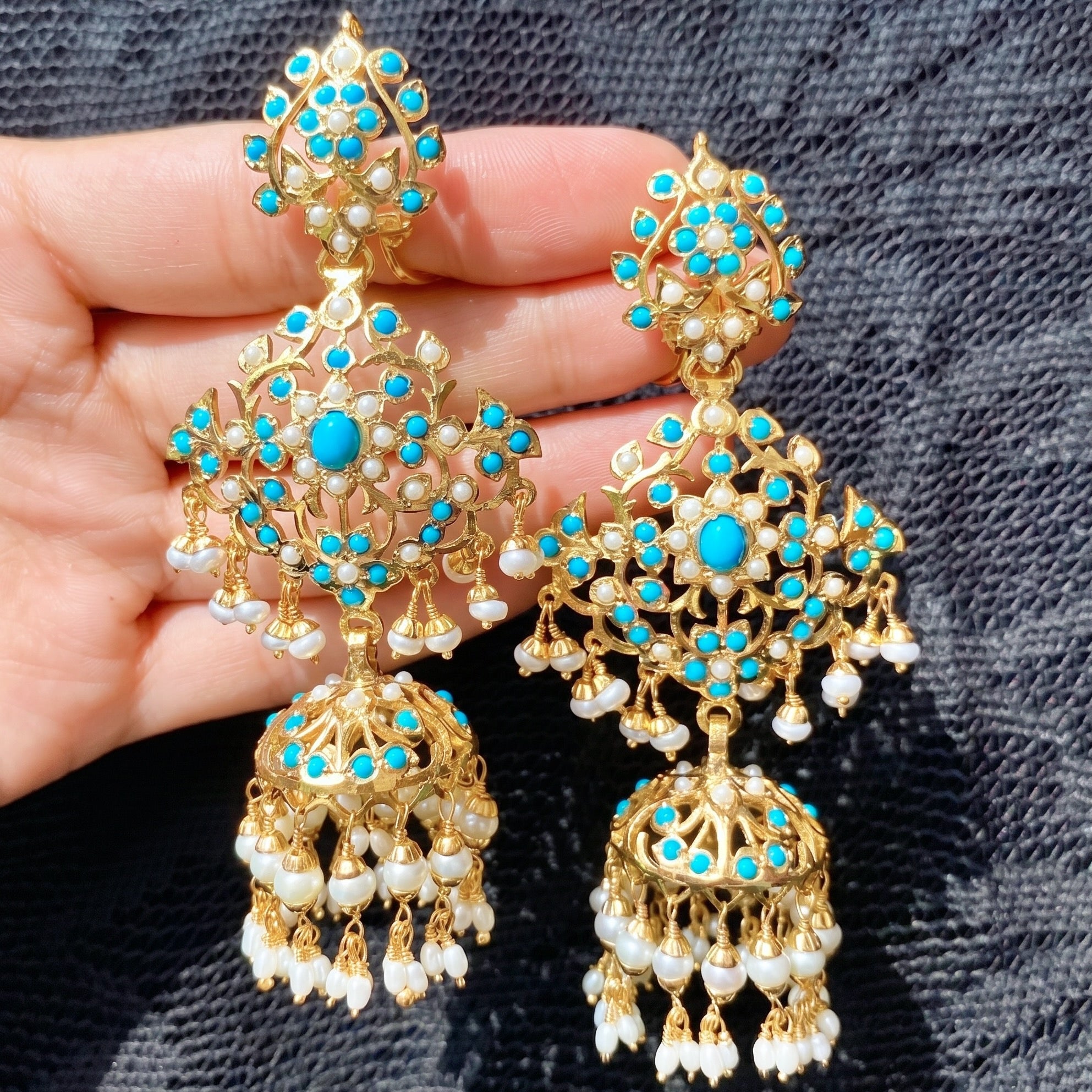 Long Silver Jhumkas | Studded with Pearl & Turquoise ER 126