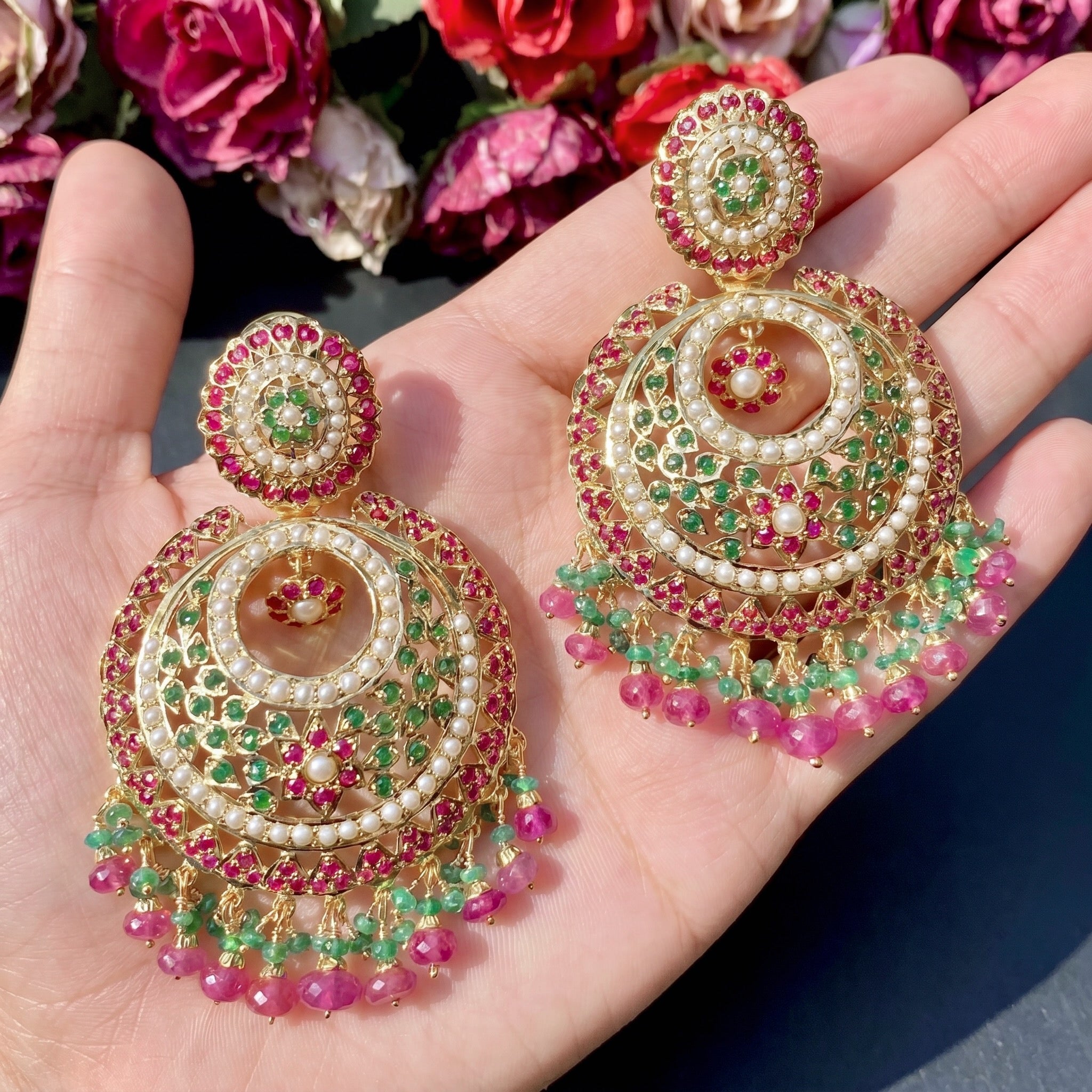 Gold Plated Ruby Emerald Pearl Chandbali Earrings ER 193