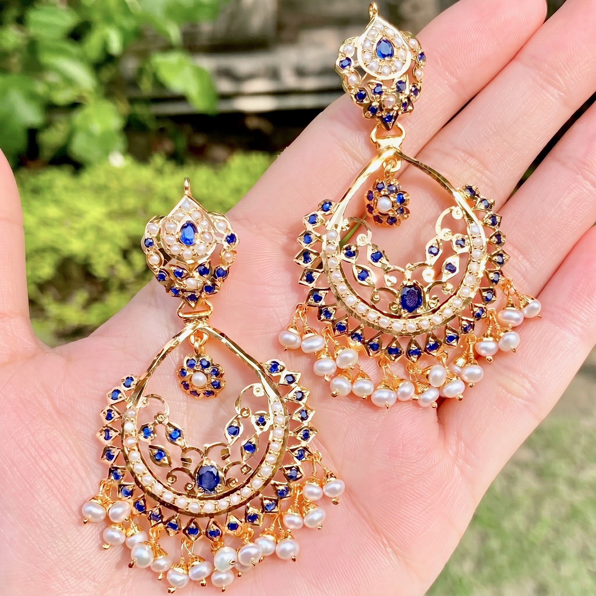 Gold Plated Chandbali | Blue Sapphire & Pearl Earrings | Jadau Jewelry ER 323