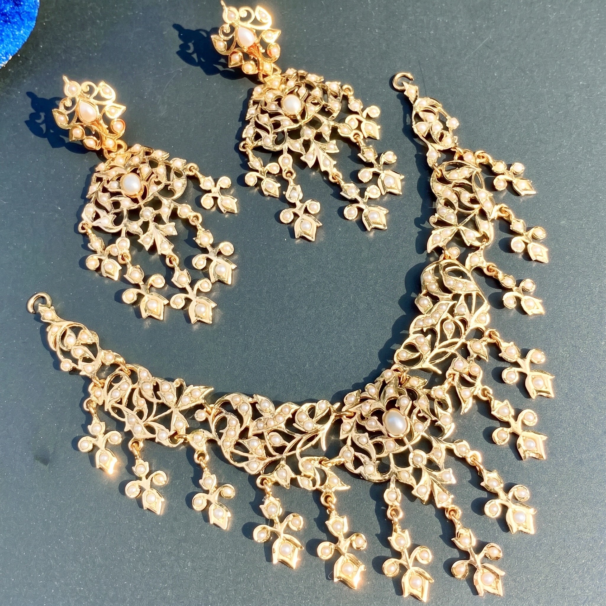 Antique Style Indian Pearl Necklace Set | Gold Polished Sterling Silver NS 093
