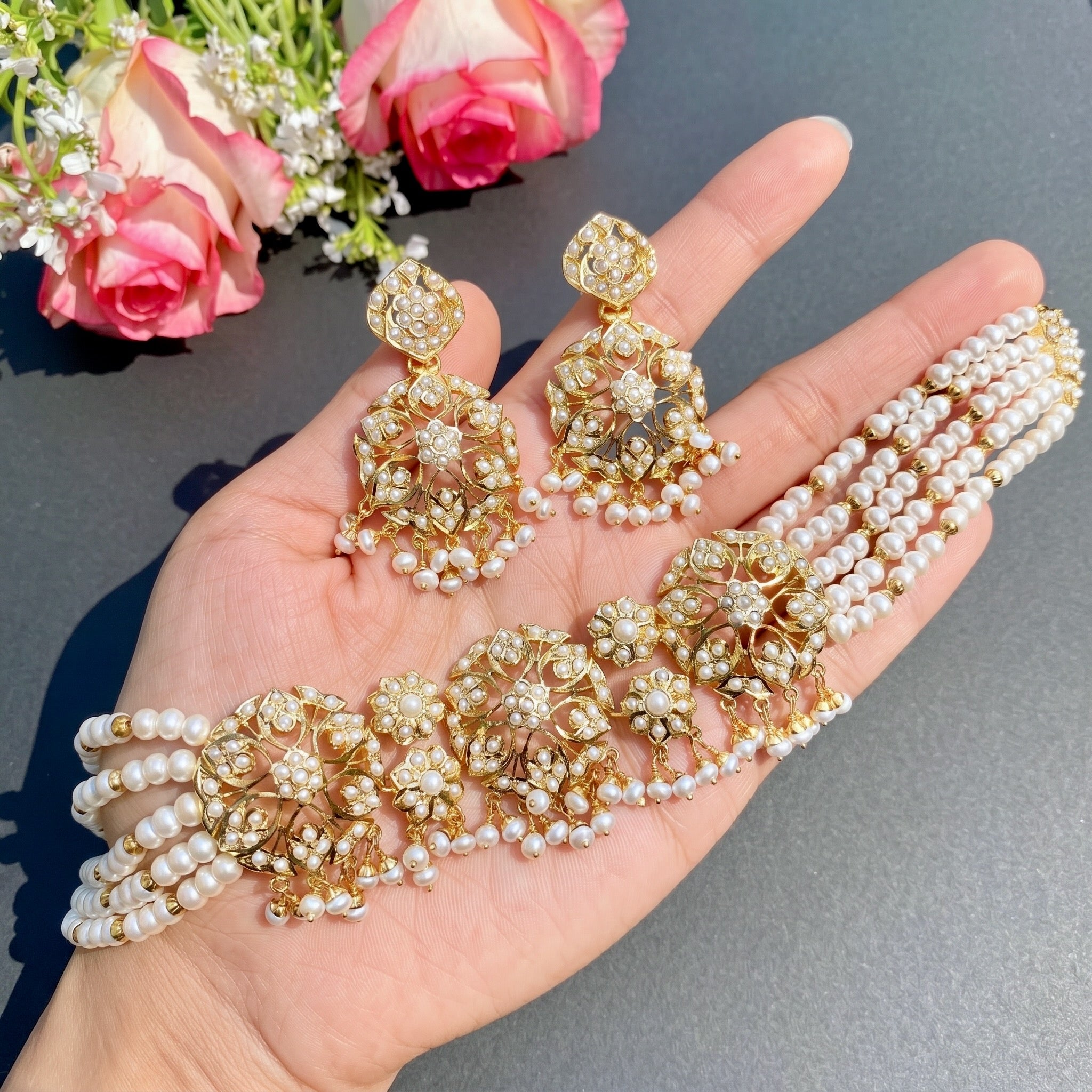 Gold Plated Jadau Pearl Choker Necklace with Matching Earrings in silver NS 115