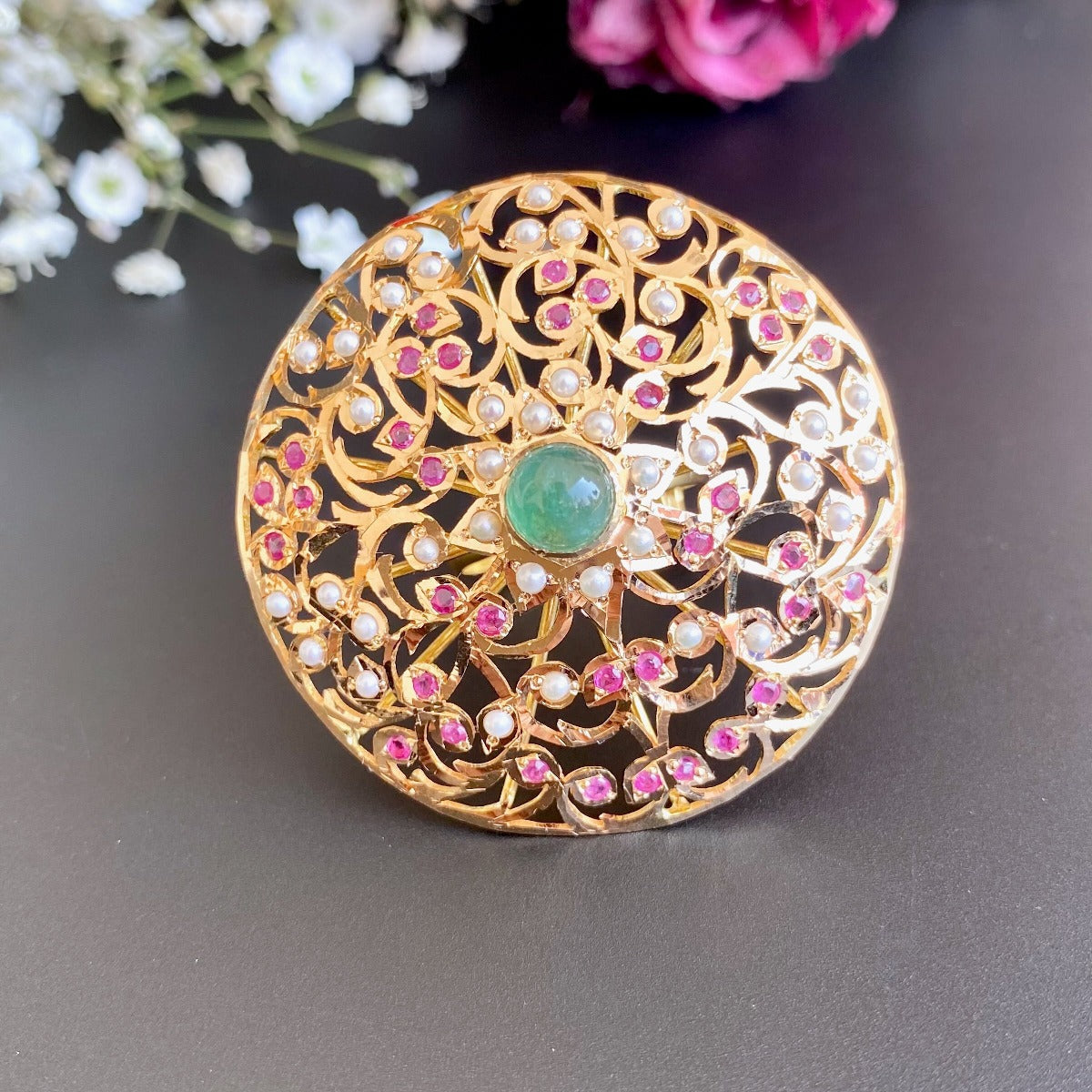 indian ruby emerald pearl cocktail jadau ring