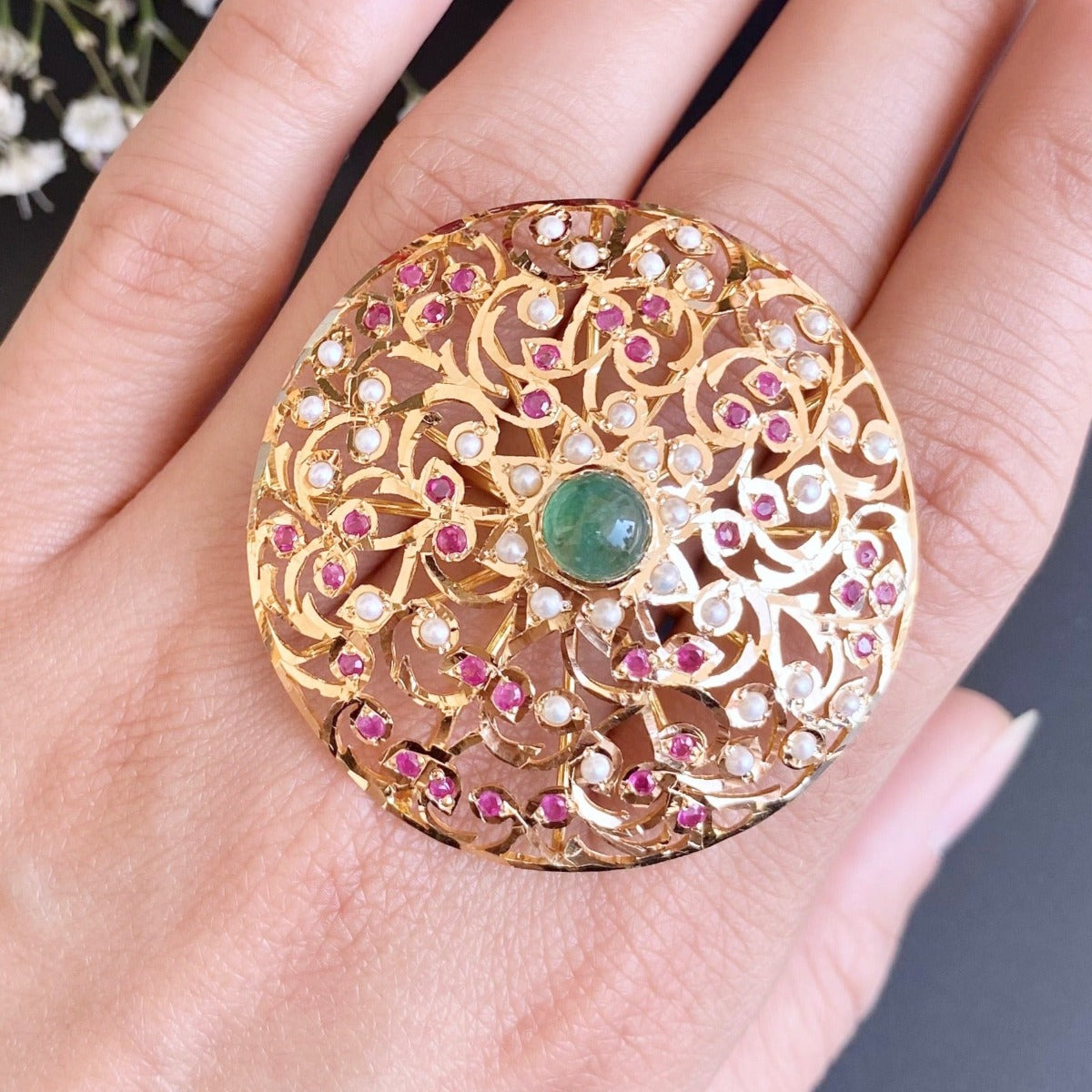 indian ruby emerald pearl cocktail jadau ring