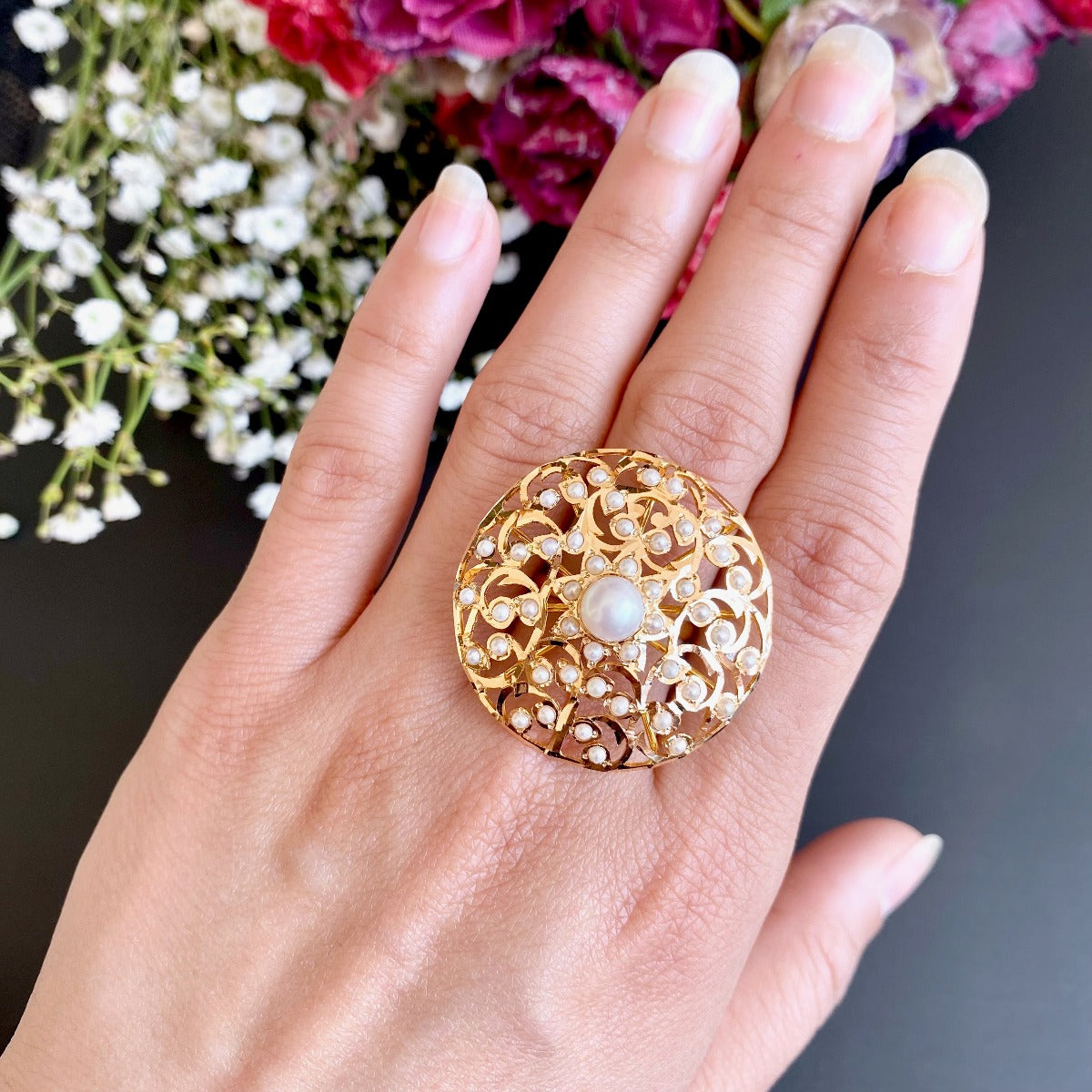 22k gold ring freshwater pearls studded