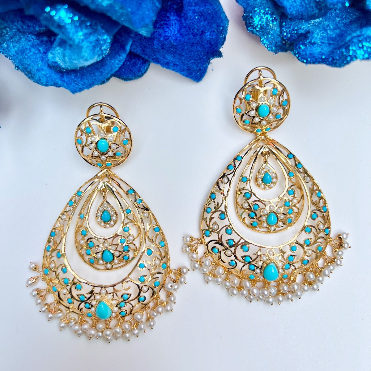 large drop shaped pearl and feroza chandbali