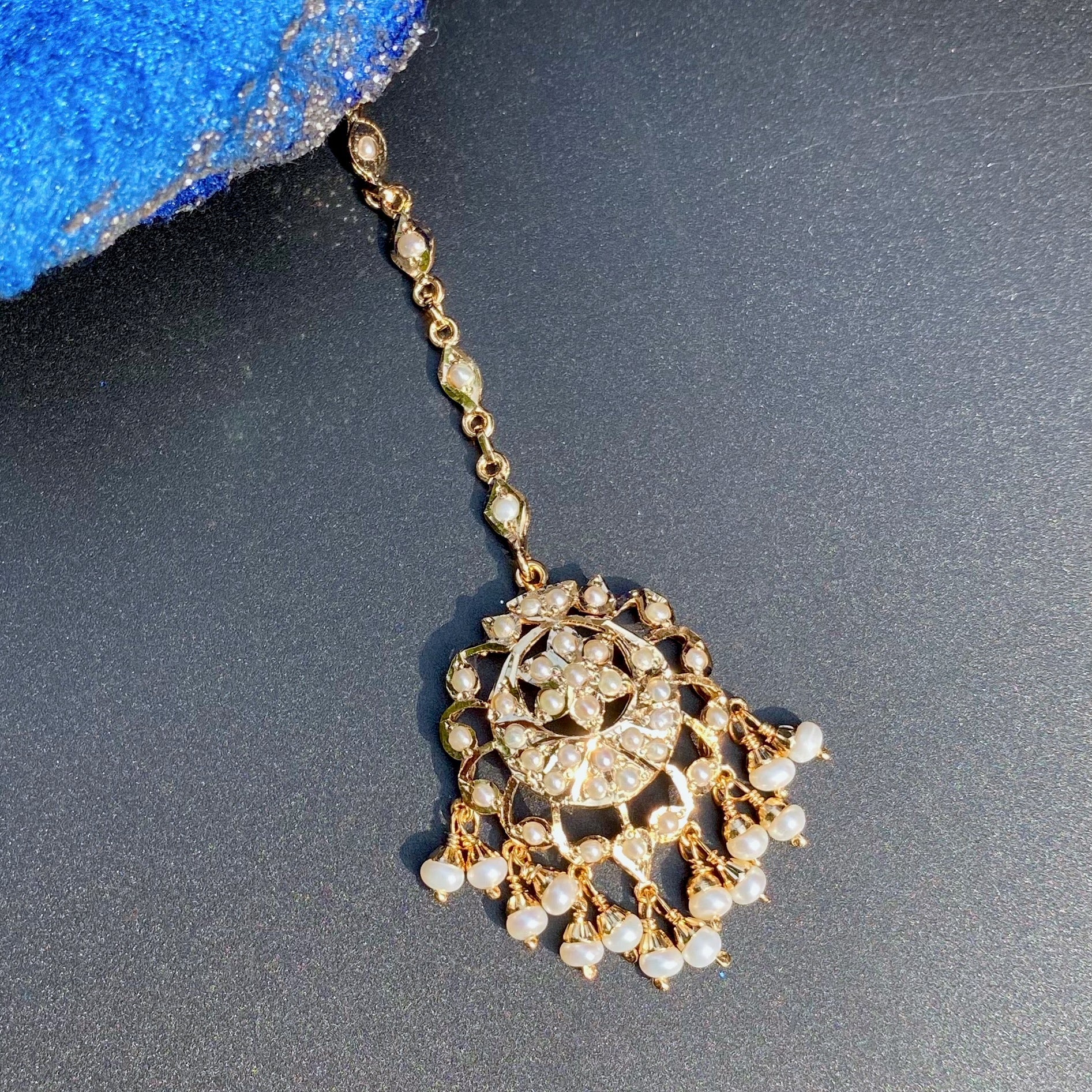 simple punjabi indian maang tikka studded with pearls on gold plated sterling silver